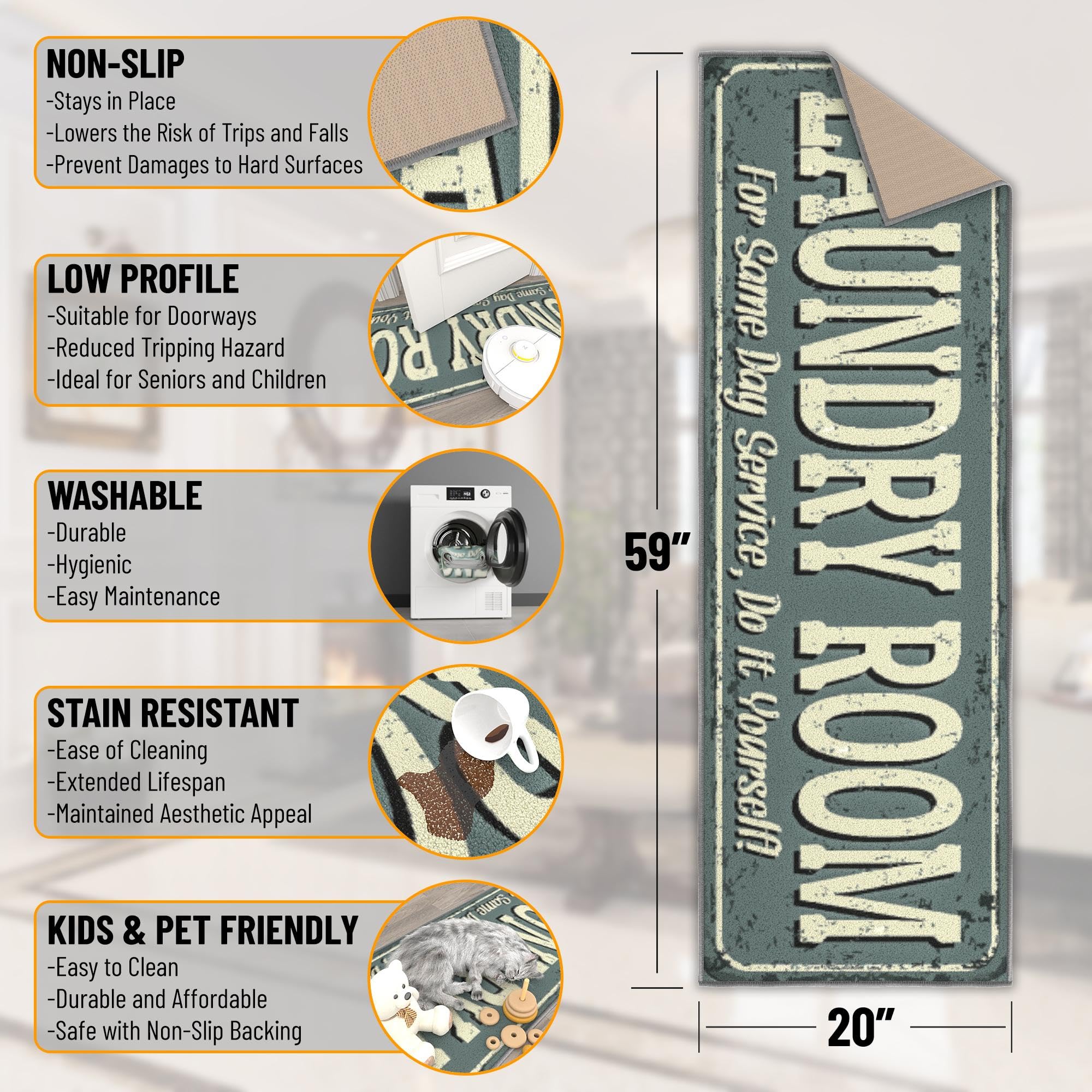 Machine Washable Text Design Rug Non-Slip Rubberback 2X5 Laundry Room Runner Rug For Bathroom, Washroom, 20'' X 59'', Baby Blue