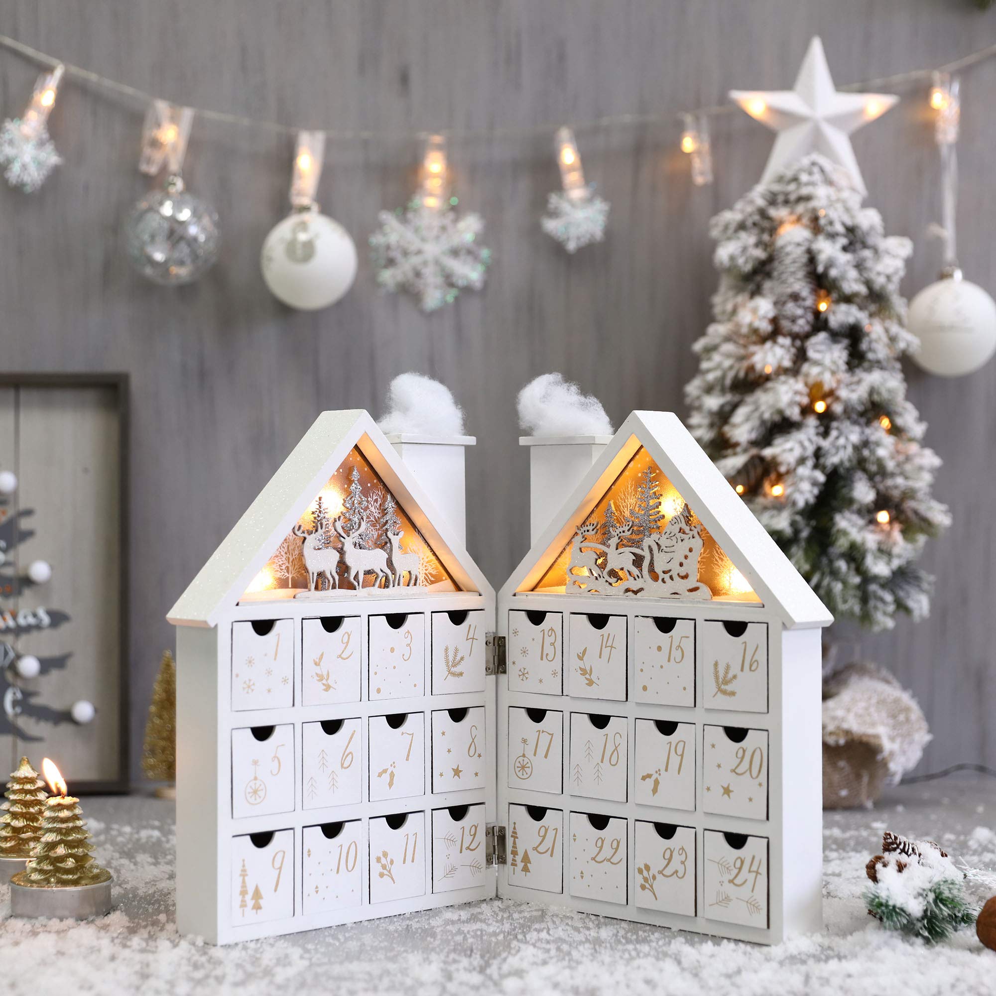 Pioneer-Effort Wooden Christmas Advent Calendar House With 24 Drawers And Led Lights Countdown Calendars For Christmas Decoratio
