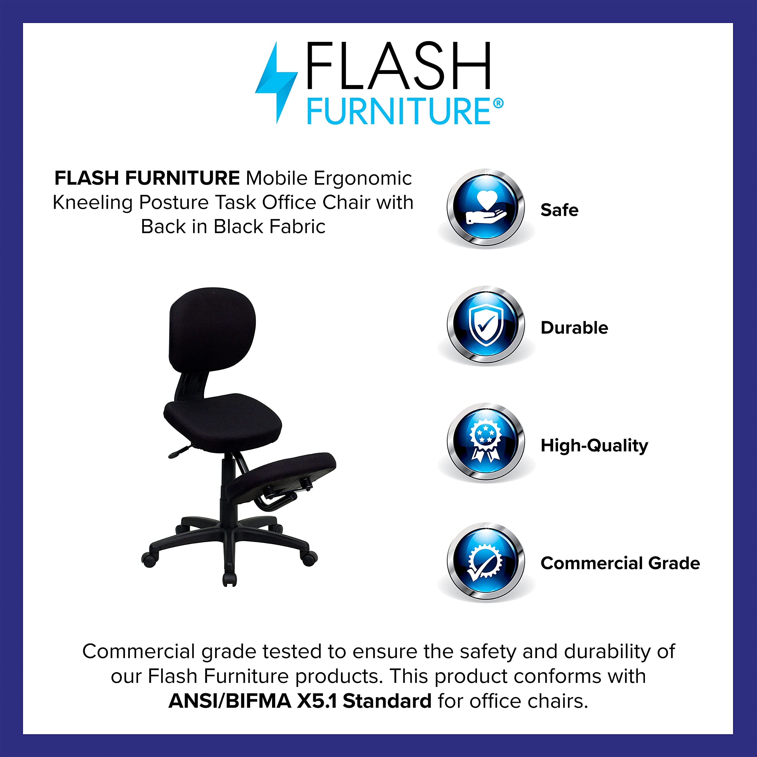 Flash Furniture Tatum Mobile Ergonomic Kneeling Posture Task Office Chair with Back in Black Fabric