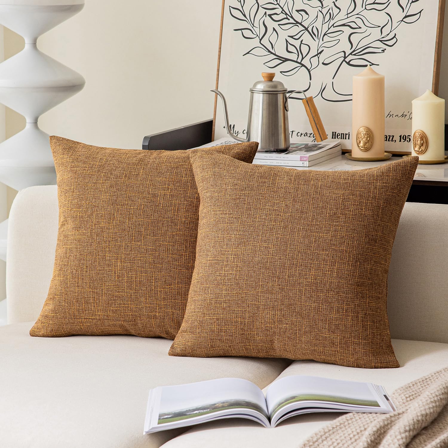 Kevin Textile Set Of 2 Decor Burlap Natural Style Faux Linen Throw Pillow Cover Cushion Case For Floor With Invisible Hidden, 26