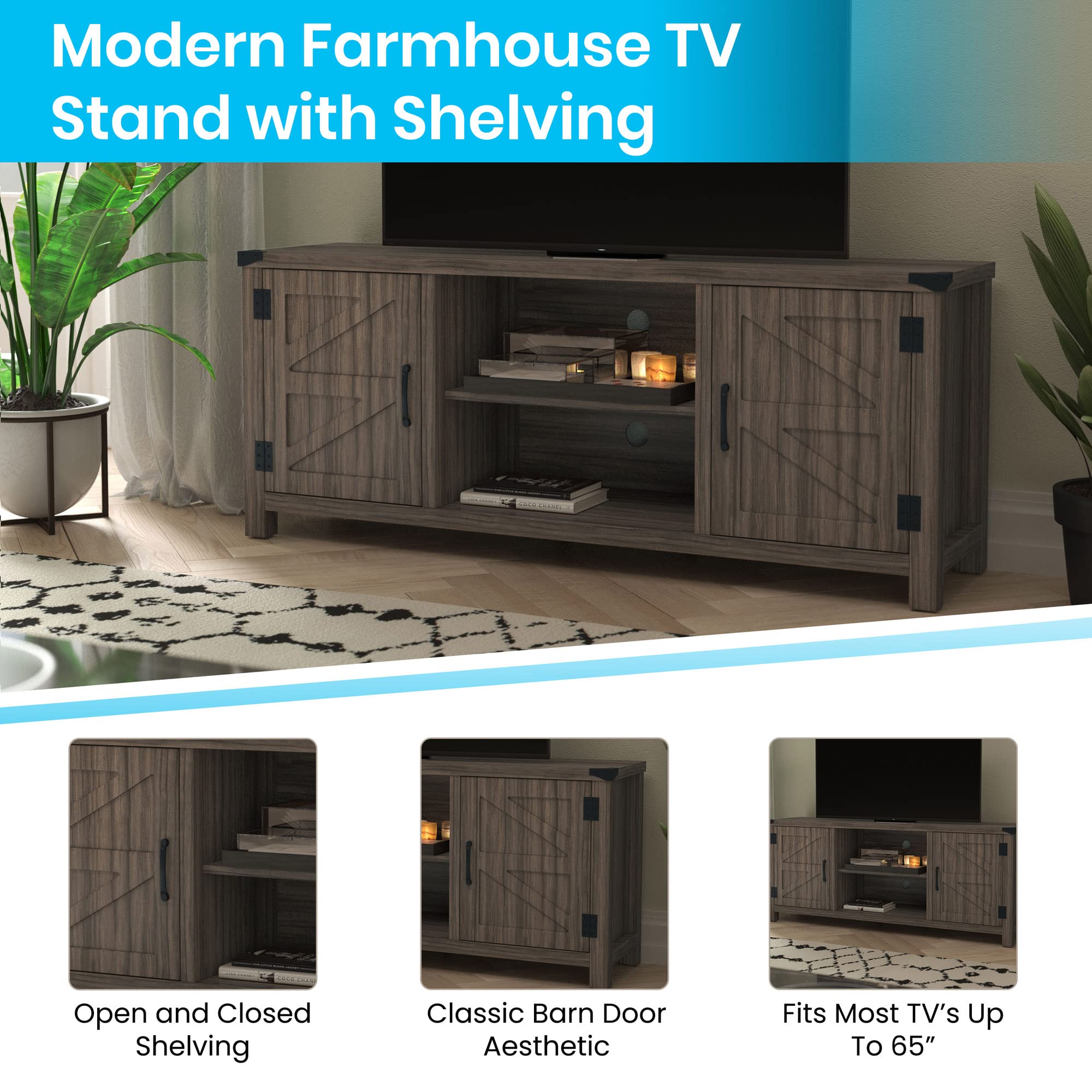 Flash Furniture Modern Farmhouse Barn Door TV Stand - Thumbnail 4