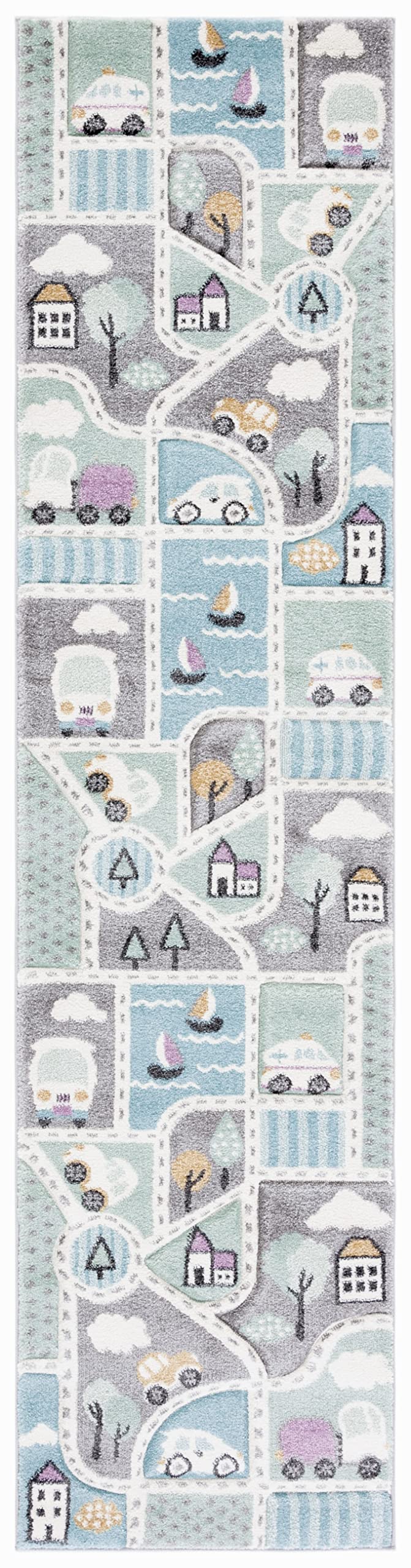 SAFAVIEH Carousel Kids Collection Runner Rug - 2 x 8, Grey & Light Blue, Non-Shedding & Easy Care, Ideal for High Traffic Area