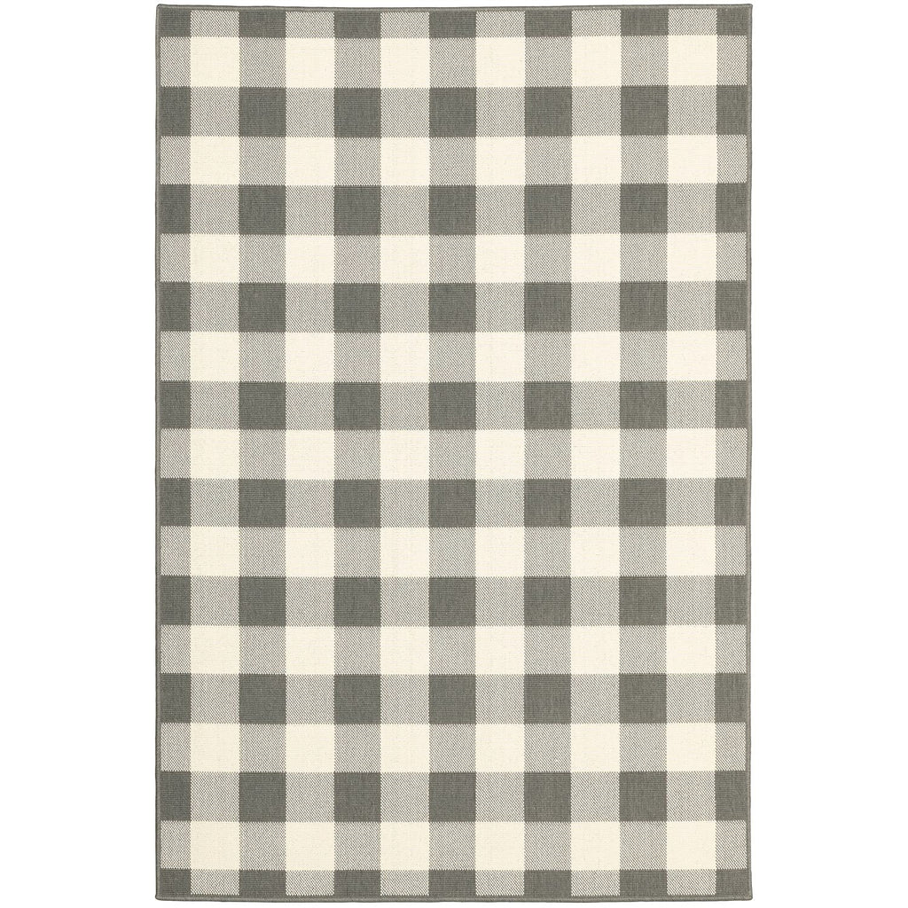 HomeRoots Grey Polypropylene 5’x8’ Gray and Ivory Gingham Indoor Outdoor Area Rug