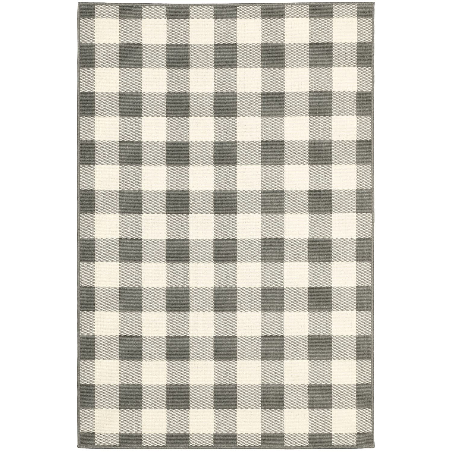 HomeRoots Grey Polypropylene 5’x8’ Gray and Ivory Gingham Indoor Outdoor Area Rug