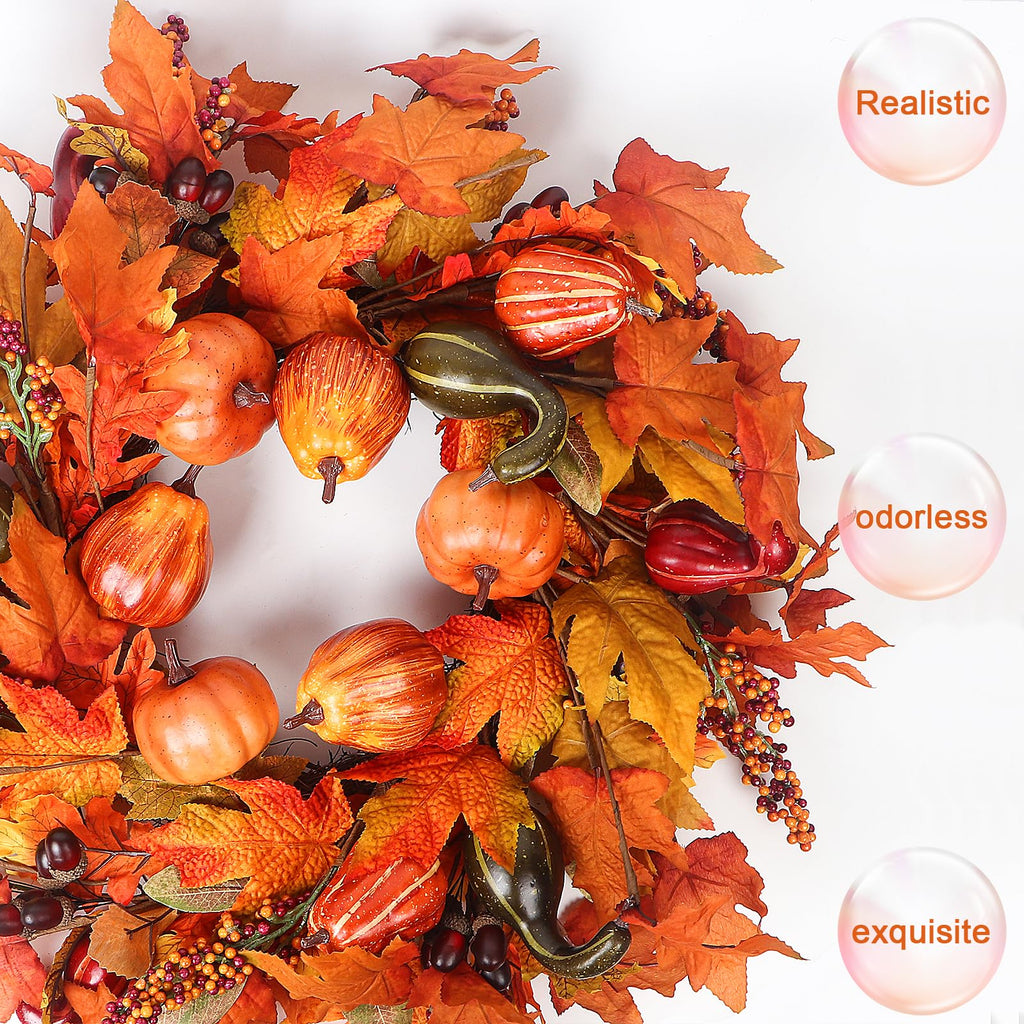24 Inch Fall Wreath For Front Door Outside, Pumpkin Wreath With Maple, Acorn, Grain, Artificial Autumn Wreaths For Halloween Tha