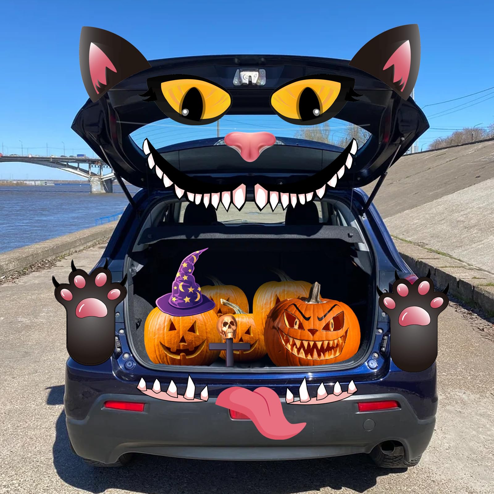 Poilkmni Halloween Black Cat Trunk Or Treat Car Decorations Kit, Halloween Garage Door Decorations With Eyes, Fangs, Tongue, Nos