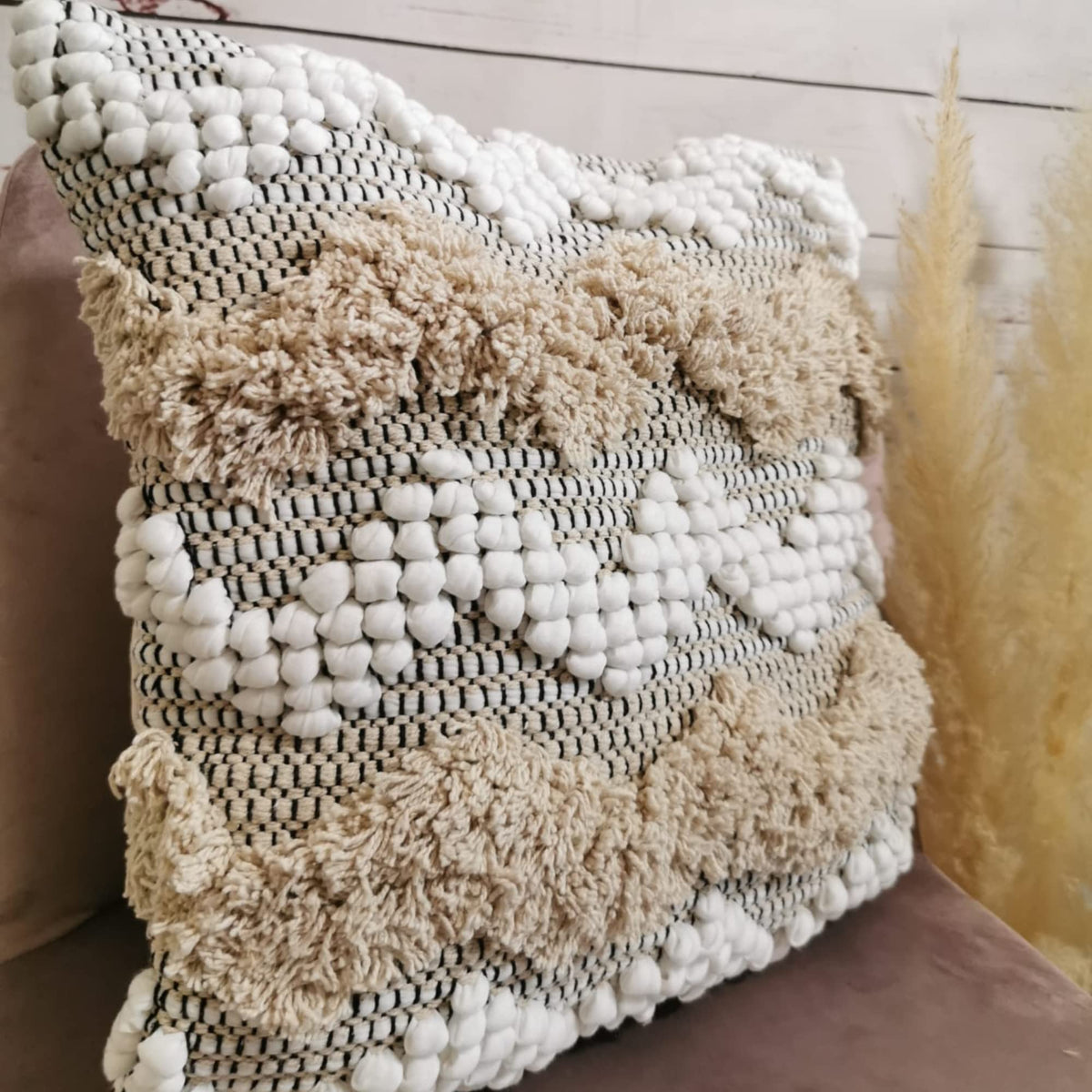 Cozydeko Decorative Boho Pillow Cover 18   X18    Square, Soft Moroccan Rustic Throw With Tufted Accents, Plush Handwoven Cotton