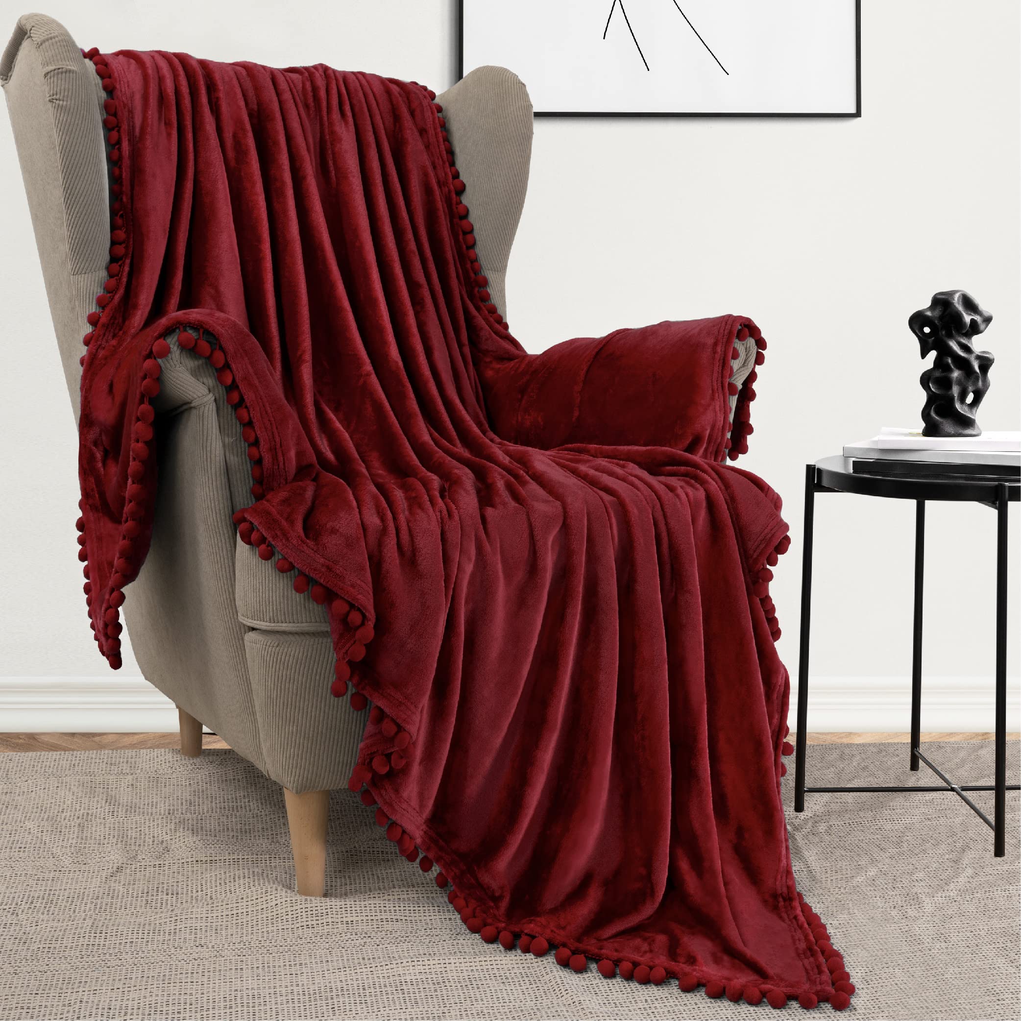 Pavilia Pom Pom Blanket Throw Twin, Wine Dark Red | Soft Fleece Pompom Fringe Blanket For Couch Bed Sofa | Decorative Cozy Plush