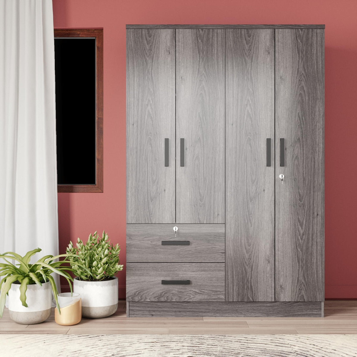 Better Home Products Luna Modern Wood 4 Doors 2 Drawers Armoire in Gray