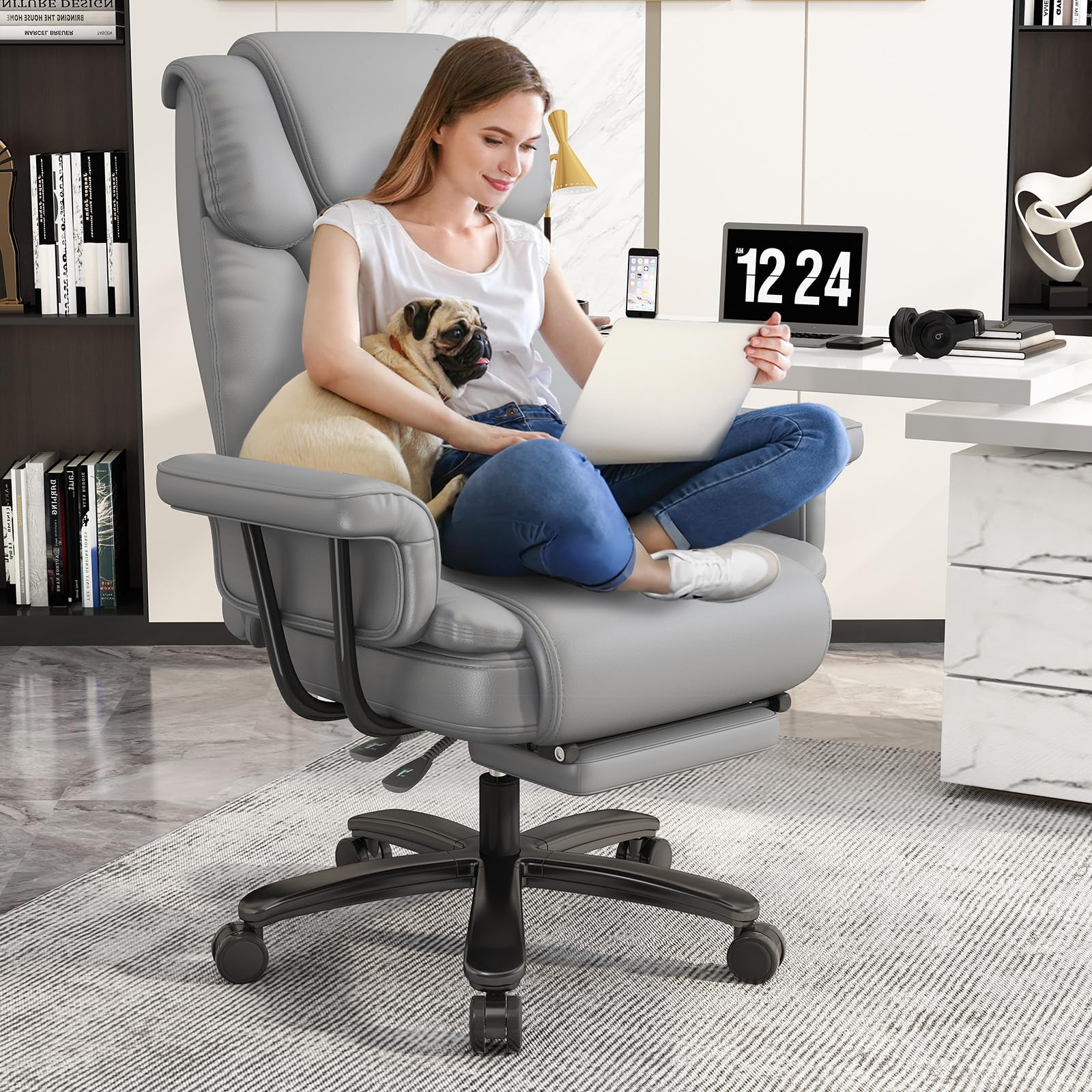 GYI Big and Tall Office Chair 400LBS, 160 High Back Reclining Office Desk Chair with Wide Seat, Arms, Footrest, Grey