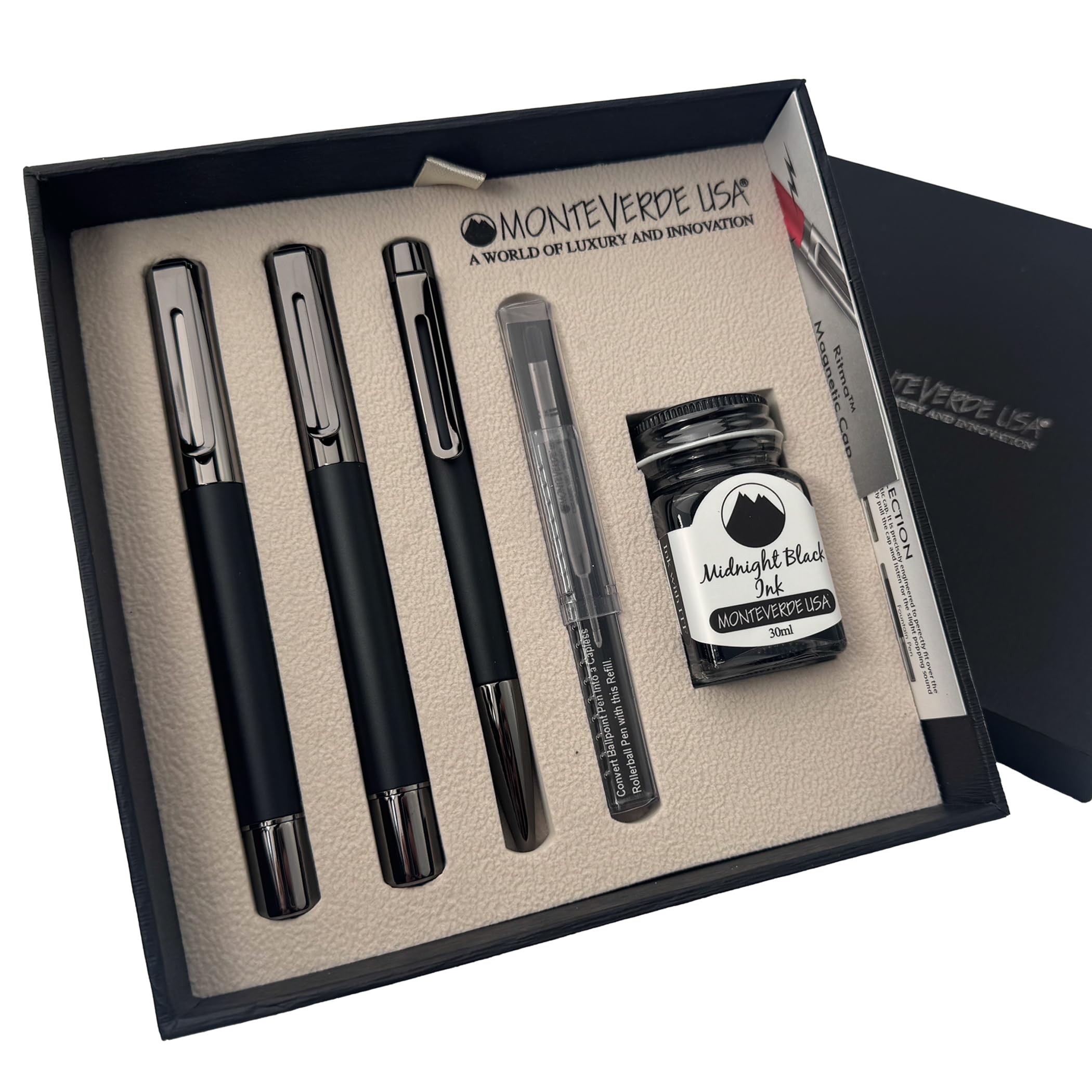 Monteverde Ritma 3+2 Piece Gift Set, Black - Includes Fine Nib Fountain Pen, Rollerball, Ballpoint, 30Ml Ink & Refill - Elegant