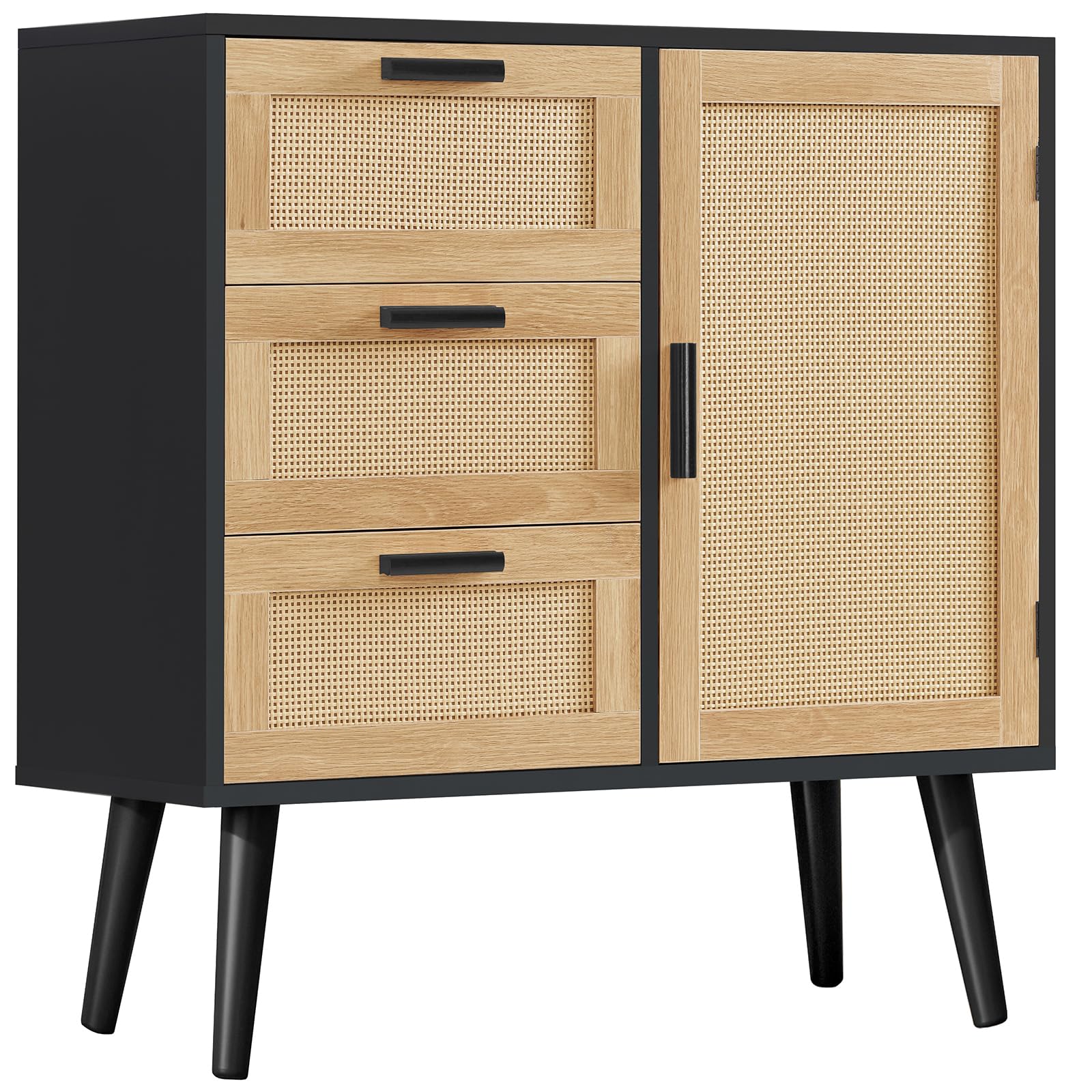 Iwell Storage Cabinet With Rattan Door & 3 Drawers, Rattan Cabinet With Adjustable Shelf, Entryway Cabinet, Small Storage Cabinet, Accent Cabinet For Living Room, Dining Room, Entryway, Black+Natural