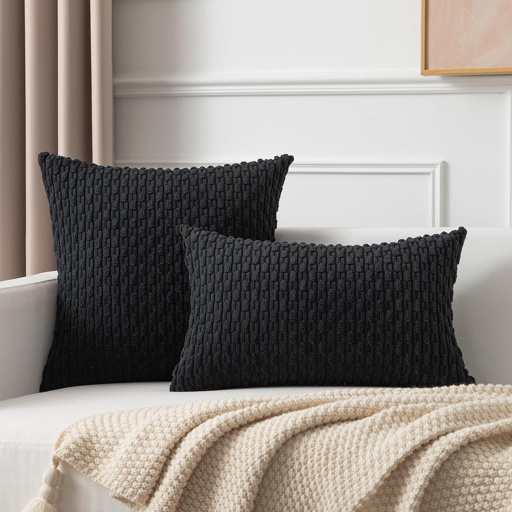 Kevin Textile Pack Of 2 Corduroy Decorative Throw Pillow Covers 26X26 Inch Soft Boho Striped Pillow Covers Modern Farmhouse Home Decor For Spring Sofa Living Room Couch Bed Black