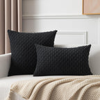 Kevin Textile Set Of 2 Decorative Pillow Cover Solid Striped Corduroy Plush Velvet Cushion Cover For Couch, 50Cm, 20 X 20 Inch, Black