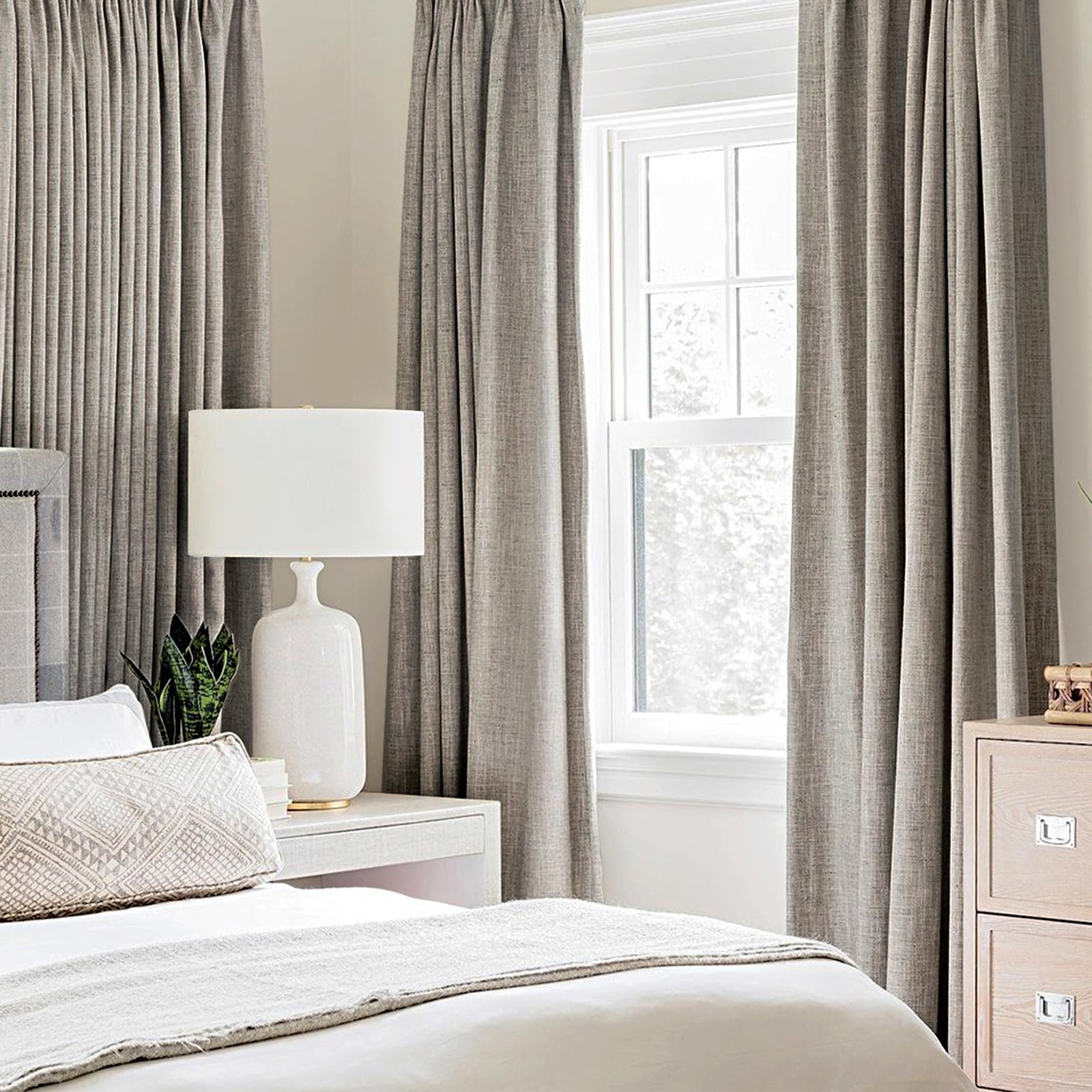 Miulee 100% Blackout Linen Textured Curtains For Bedroom Solid Thermal Insulated Warm Taupe Grommet Room Darkening Curtains & Drapes Luxury Decor For Living Room Nursery 52 X 90 Inch (2 Panels)