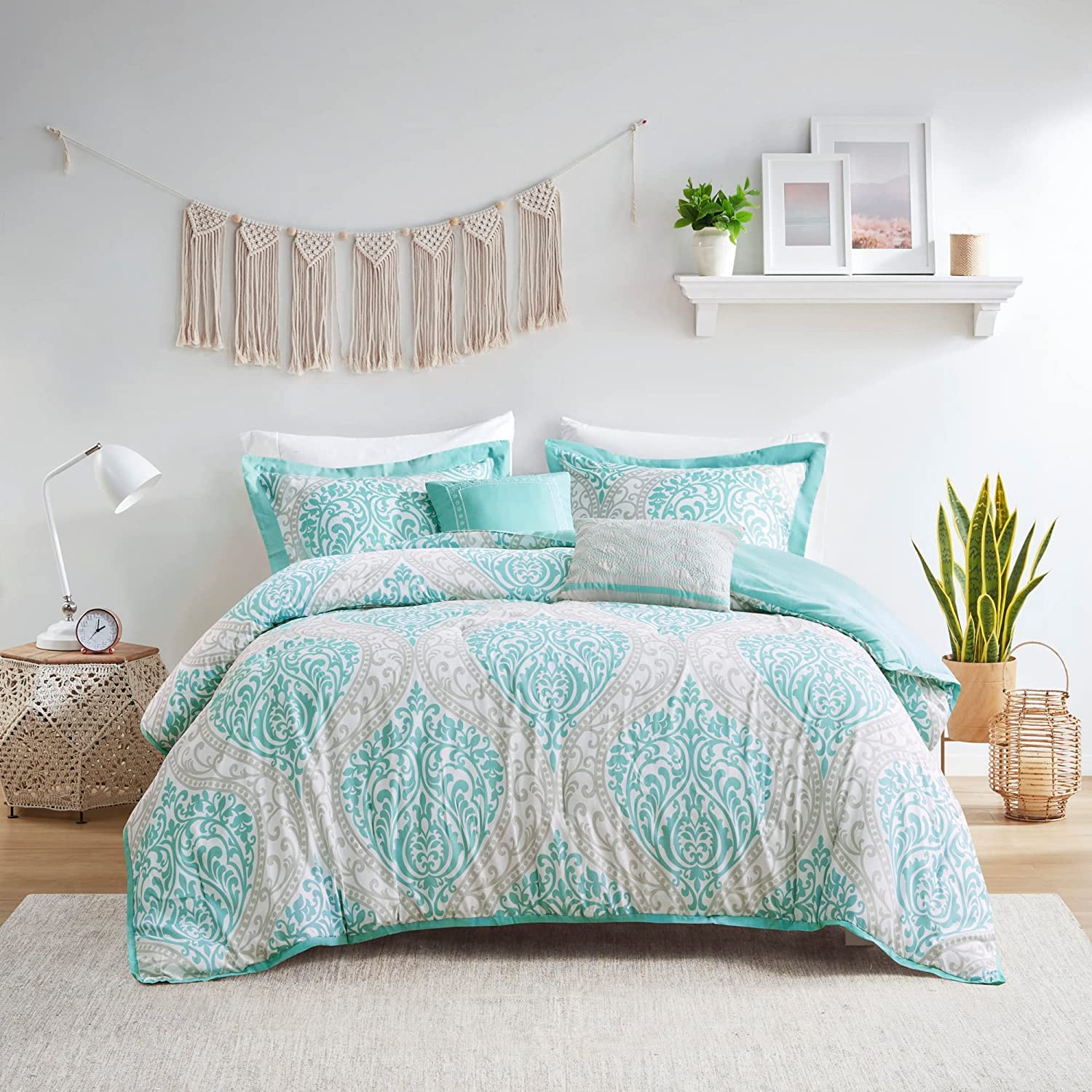 Intelligent Design Senna Comforter Set Twin/Twin Xl Size - Aqua Blue/Gray, Damask - 4 Piece Bed Sets - All Season Ultra Soft Mic