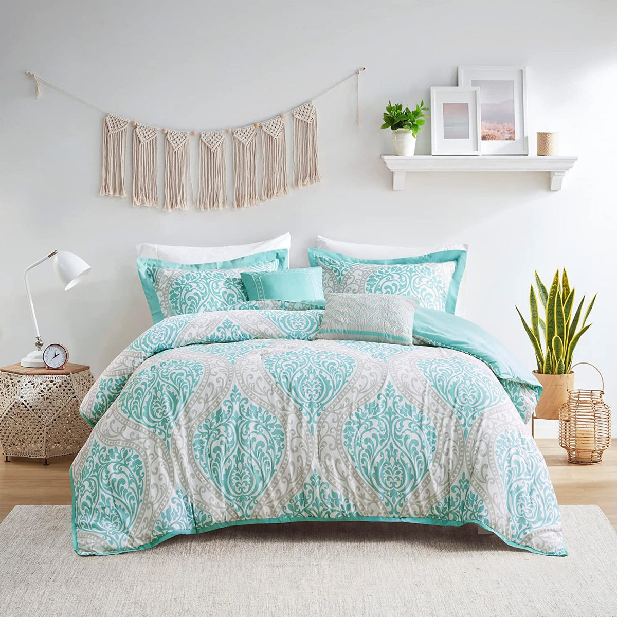 Intelligent Design Id10-898 Senna Comforter Set King/Cal King Size - Aqua Blue/Gray, Damask - 5 Piece Bed Sets - Ultra Soft Micr