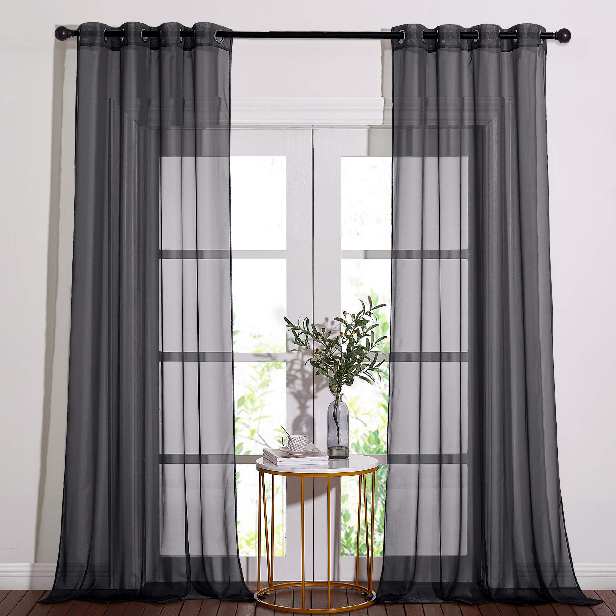 Nicetown Black Sheer Curtains 90 Inches Long, Grommet Voile Textured Hazy Sheer Window Treatments Privacy With Light Filtering F