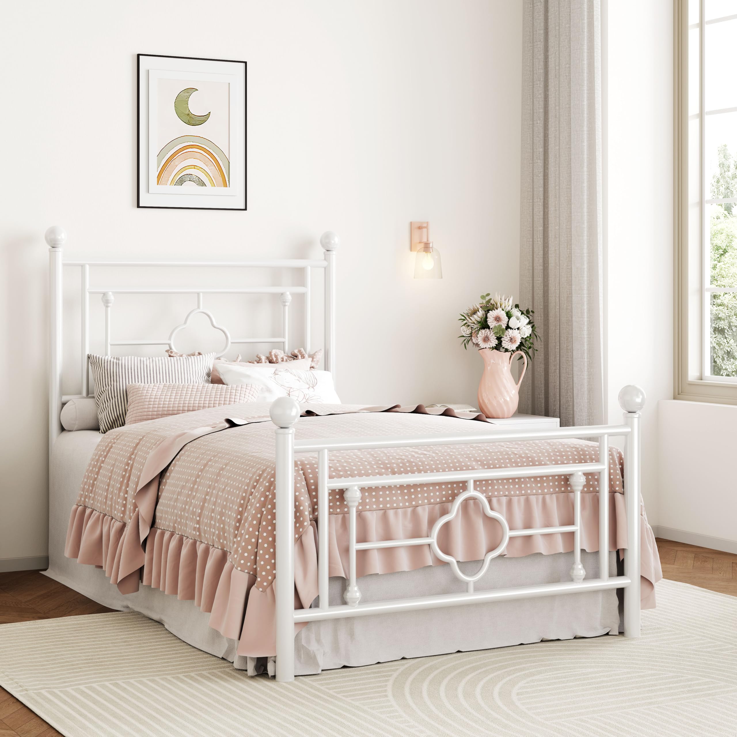 Sha Cerlin 14 Inches Twin Size Metal Platform Bed Frame/Vintage Iron-Art Headboard And Footboard/Mattress Foundation For Storage/No Box Spring Needed/Noise-Free/Easy Assembly/White