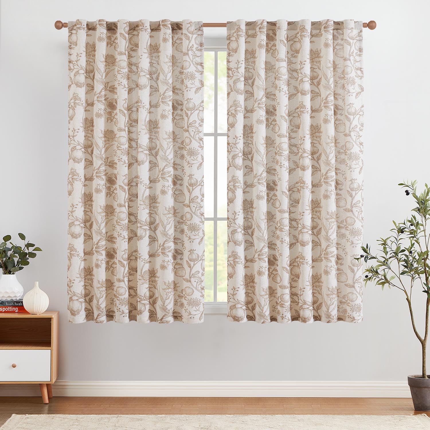 Jinchan Linen Curtains Floral Curtains For Living Room 63 Inch Length French Curtains Rod Pocket Light Filtering Toile Print Far