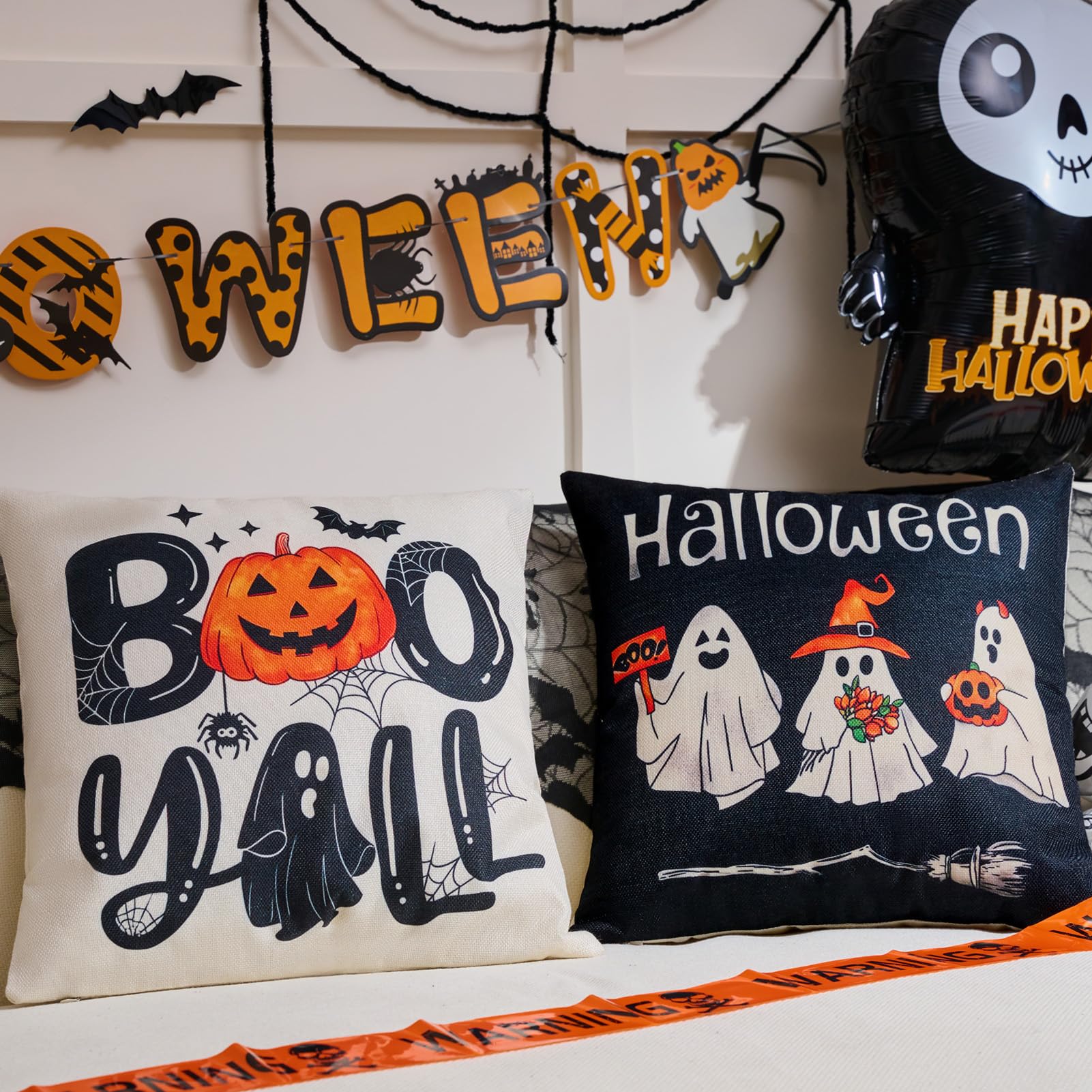 Hongsome Ghost Halloween Decor-Throw Pillow Covers 18X18In Set Of 4,Spooky Gothic Linen Pillow Case For Couch Fall Christmas Hol