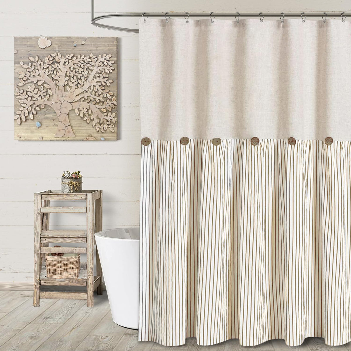 Awellife Linen Button Farmhouse Beige Shower Curtain,Linen And Cotton Woven Fabric,Pleated Beige Stripe,Country Style,72X72 Inch