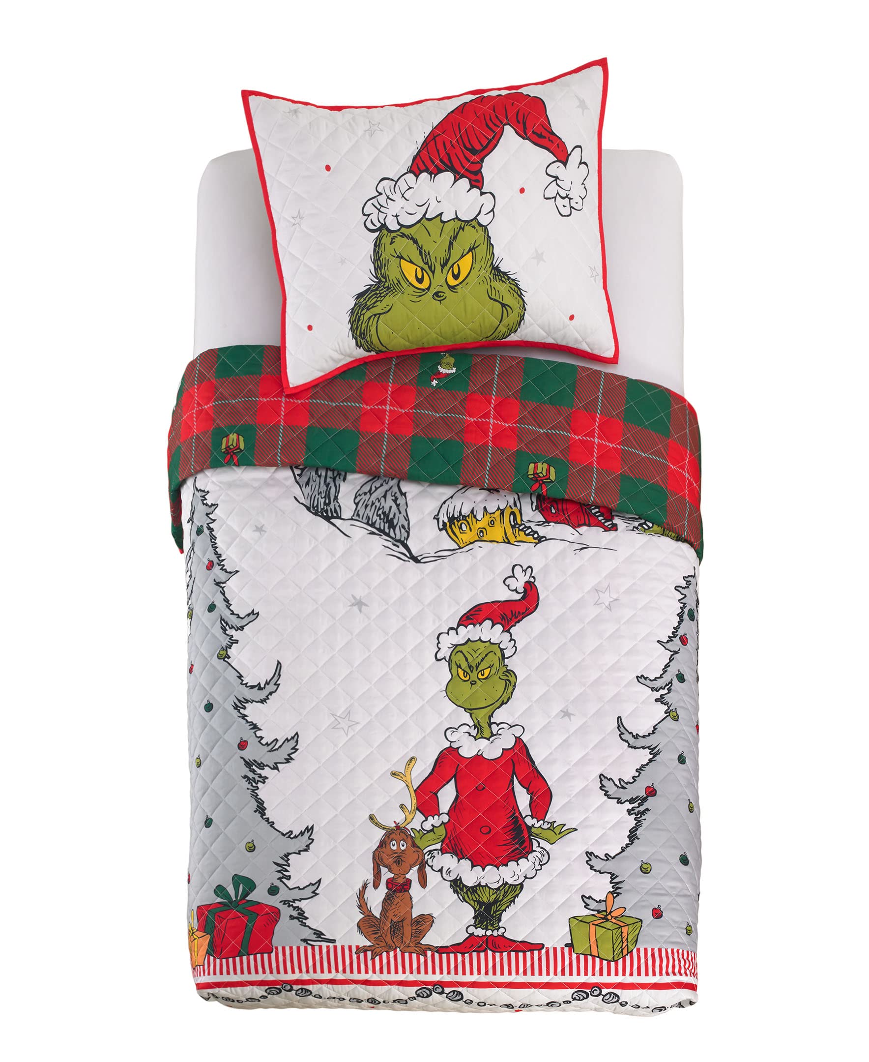 Franco Grinch By Dr. Seuss Holiday & Christmas Quilt Bedding Super Soft 2 Piece Pillow Sham And Quilt Set, Twin Size 68' X 86'