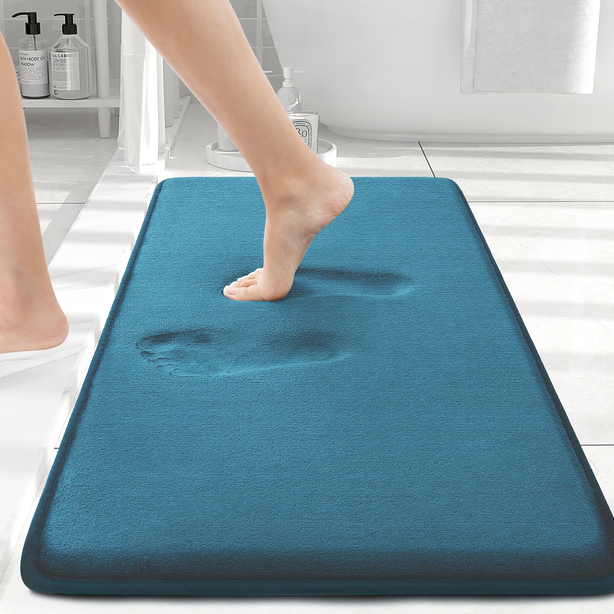 Smiry Memory Foam Bath Mat 24 x 16, Extra Soft Absorbent Bathroom Rugs Non Slip Bath Rug Runner for Shower Bathroom Floors, Peac