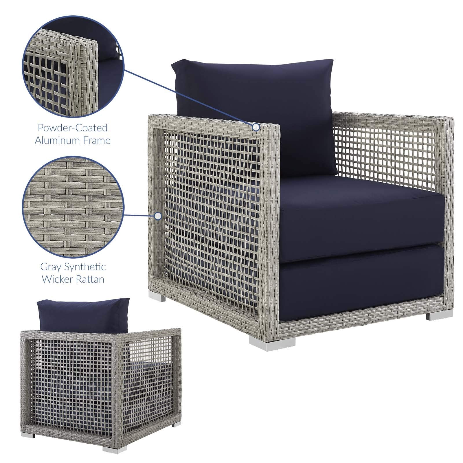 Modway Aura Wicker Rattan Outdoor Patio Arm Chair With Cushions In Gray Navy