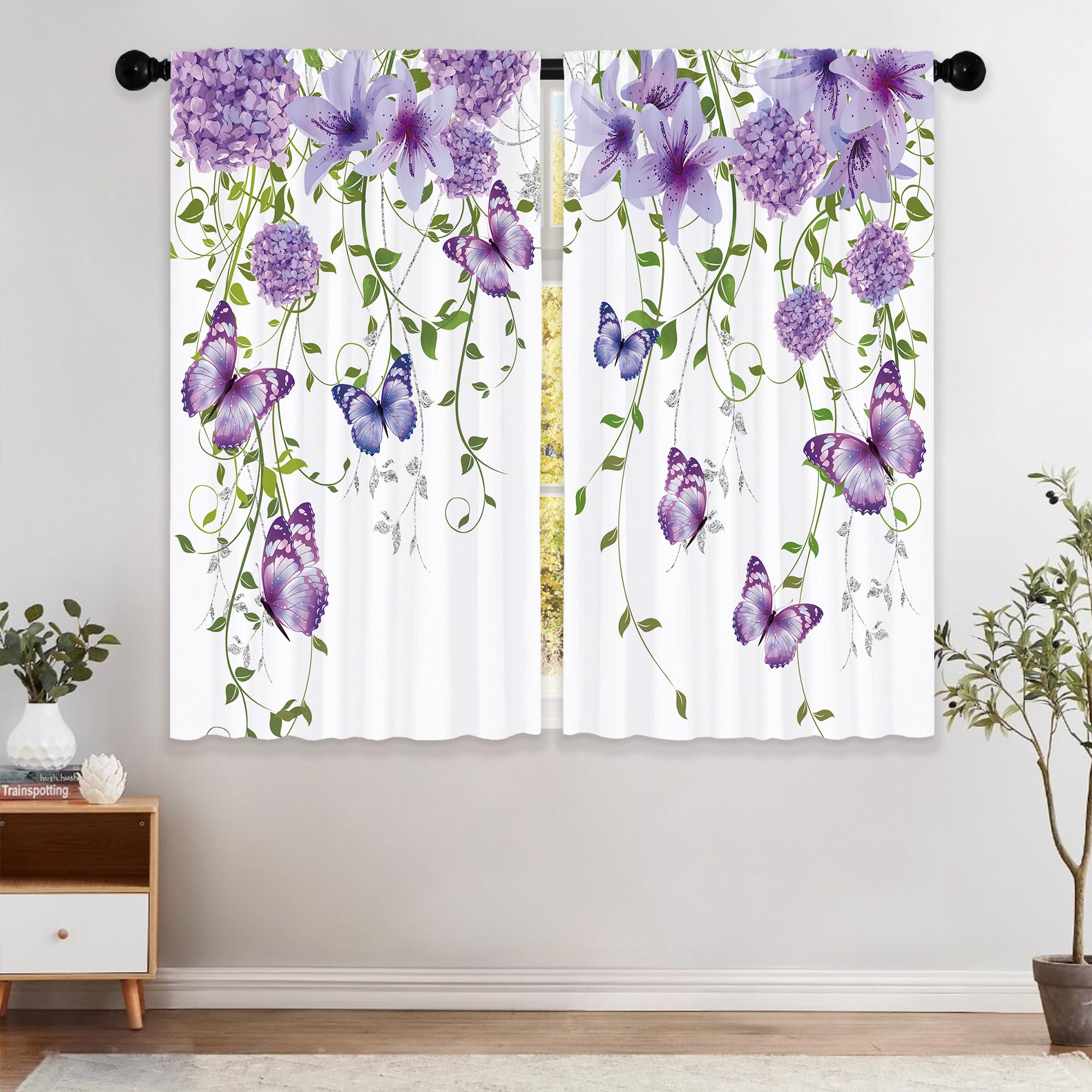 Laifzere Purple Floral Butterfly Curtains, Rustic Flower Window Curtains 42X45 Inch For Bedroom Living Room Decor, Daisy Farmhou