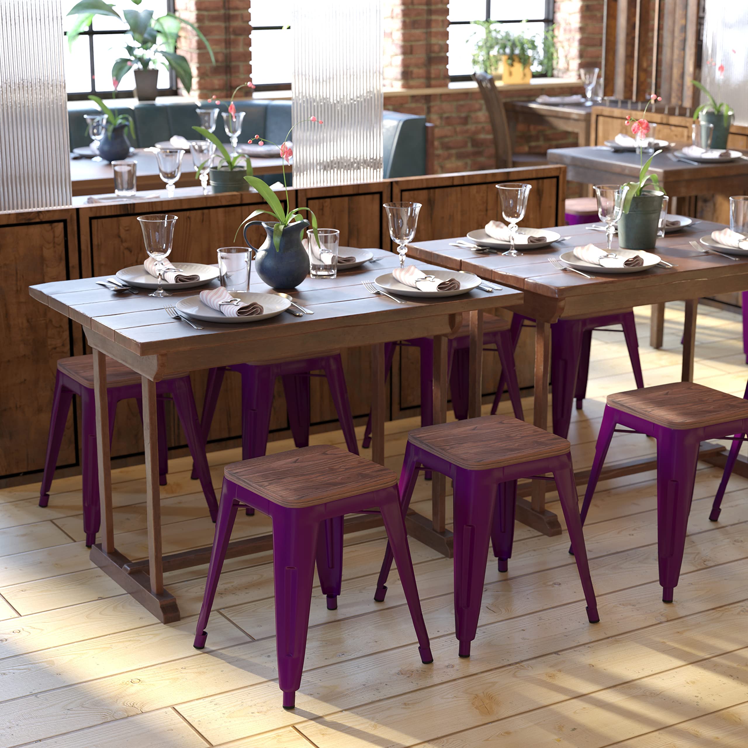 Flash Furniture Metal Dining Table Height Stool with Wooden Seat Set of 4 - Backless Purple Kai Commercial Grade Stool - Kai 18&quot; Stackable Dining Chairs