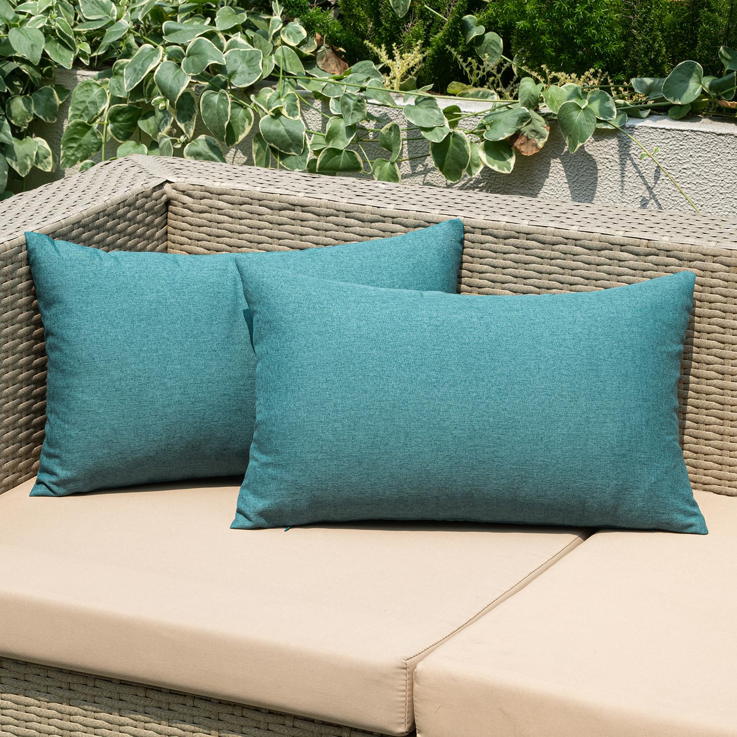 Anroduo Pack Of 2 Turquoise Outdoor Pillow Covers For Patio Furniture Decorative Farmhouse Linen Cushion Sham Outdoor Waterproof