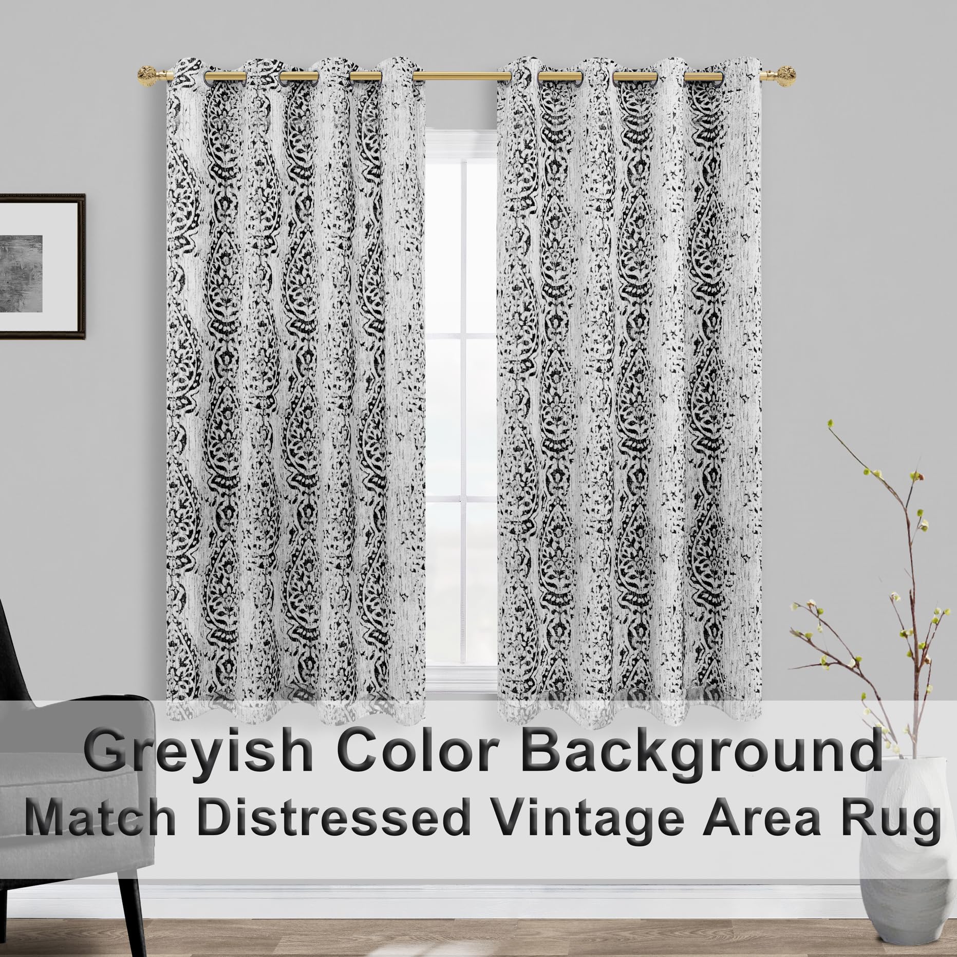 Mrs.Naturall Black 52X45 Inches Long Damask Pattern Curtains For Living Room