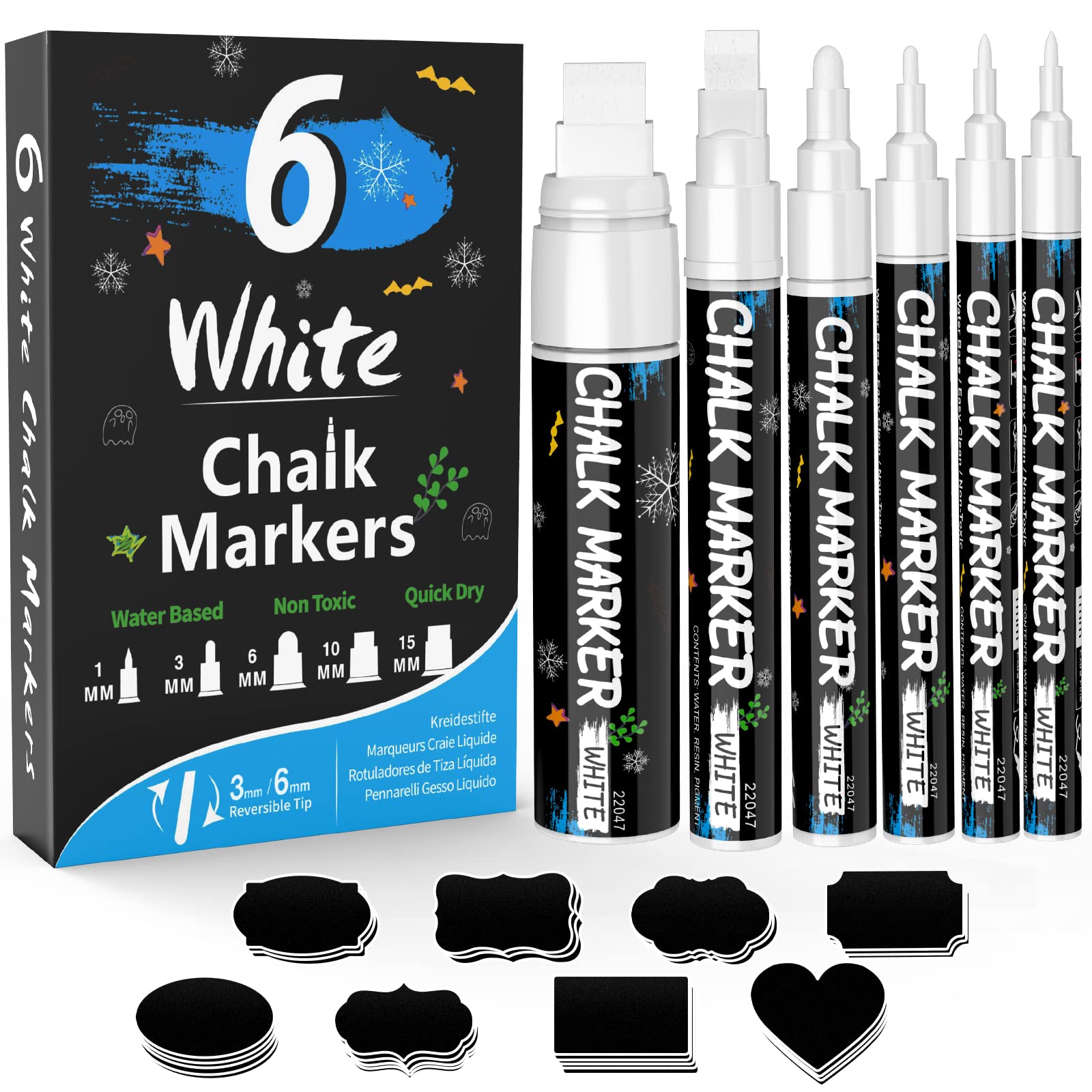 White Window Chalk Markers Pen: 6 Pack White Glass Marker, Liquid Chalk Marker For Chalkboard Signs, Car Window Paint Marker Pen