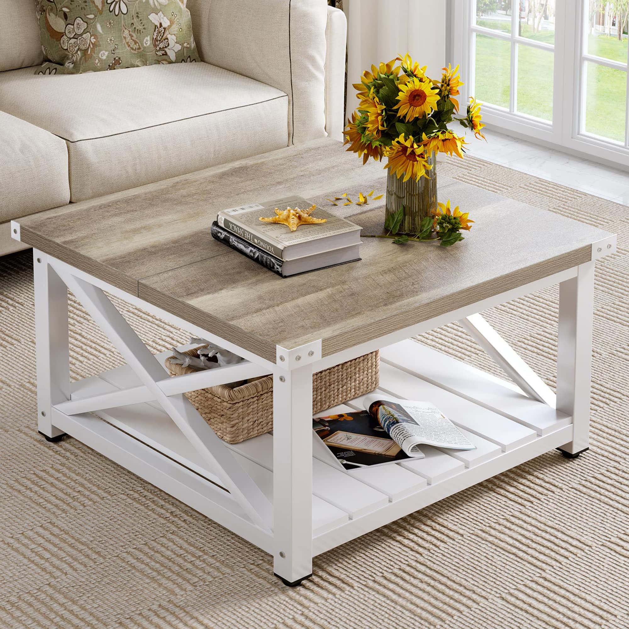YITAHOME Farmhouse Coffee Table,Square Coffee Table for Living Room, Vintage Living Room Table with Shelf, Coffee Table with Sto