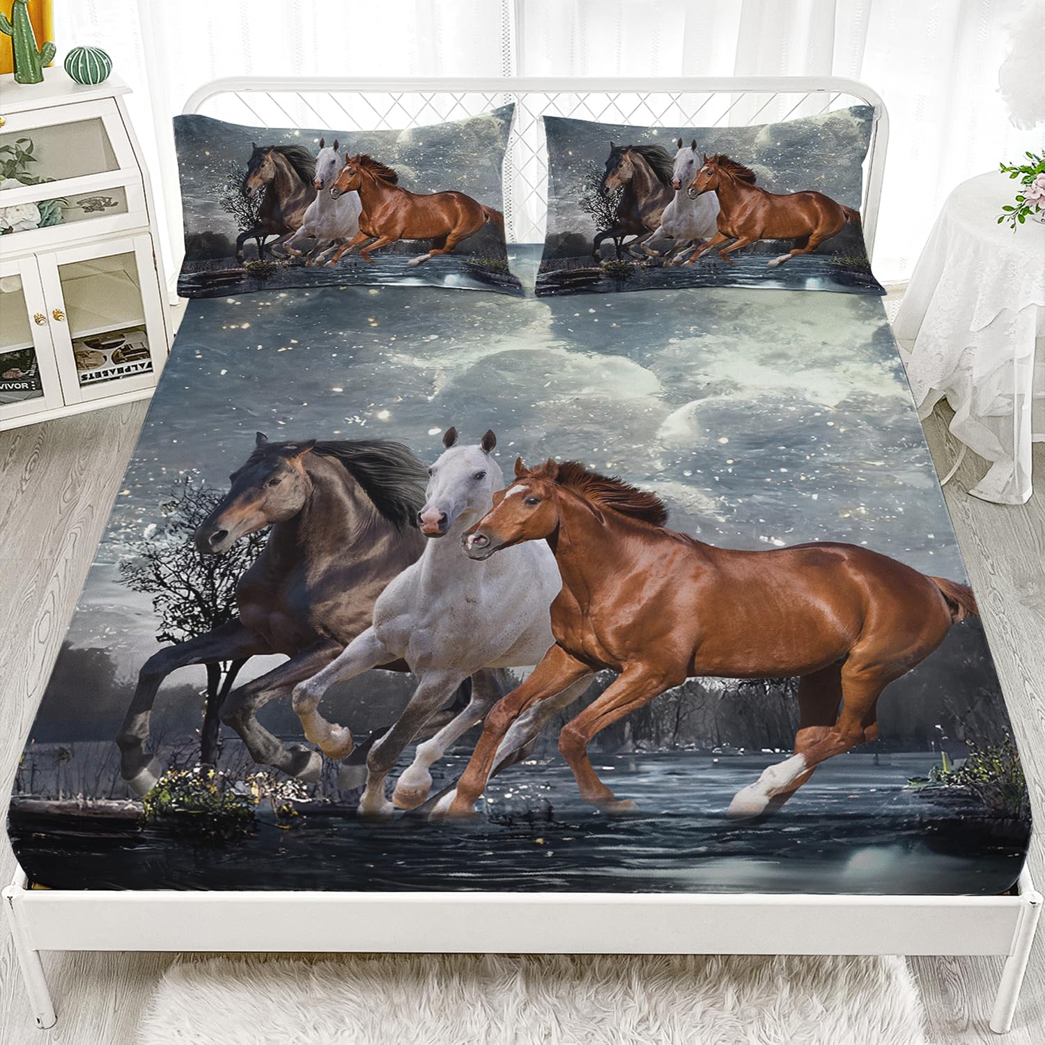 AILONEN Horse Bedding Set Full Size, Wildlife Theme Galloping Horses Bed Sheet for Kids Boys Adults Room Decor 3 Pieces Set, 1 F