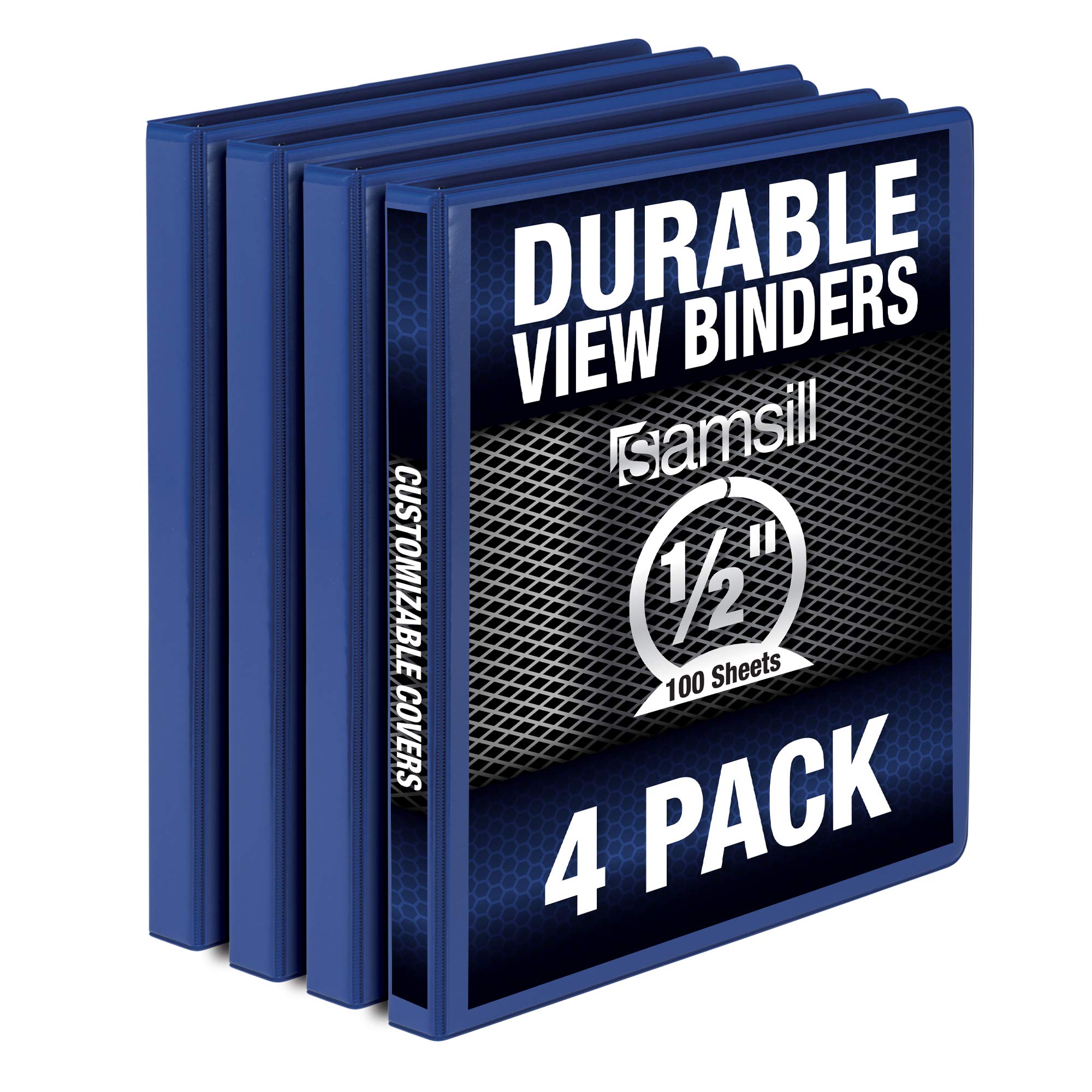 Samsill Durable .5 Inch Binder, Made In The Usa, Round Ring Customizable Clear View Binder, Blue, 4 Pack (Mp48412)