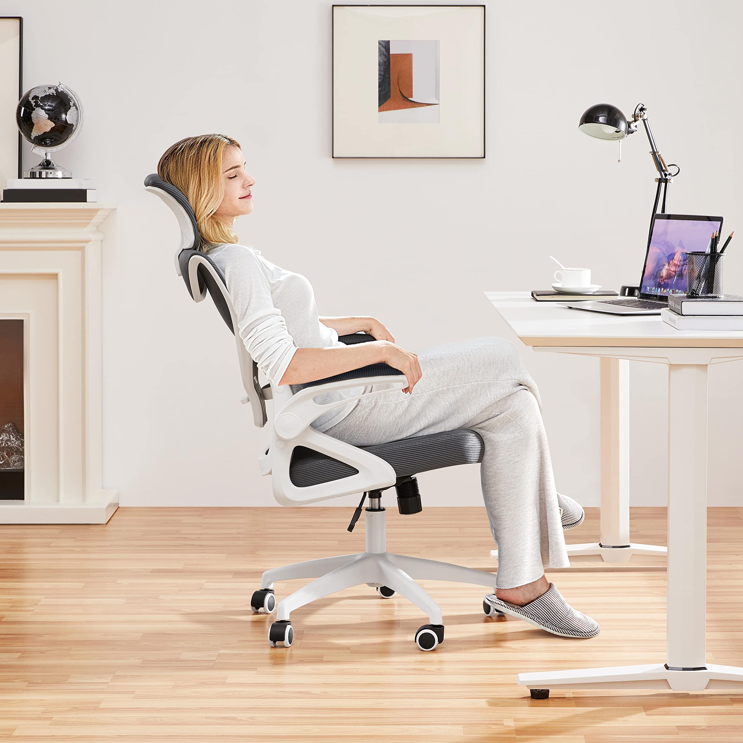 Yaheetech Ergonomic Mesh Office Chair, High Back Desk Chair With With Flip-Up Armrests, Adjustable Padded Headrest Computer Chair With Lumbar Support For Home Oiffce Game Room, White/Gray