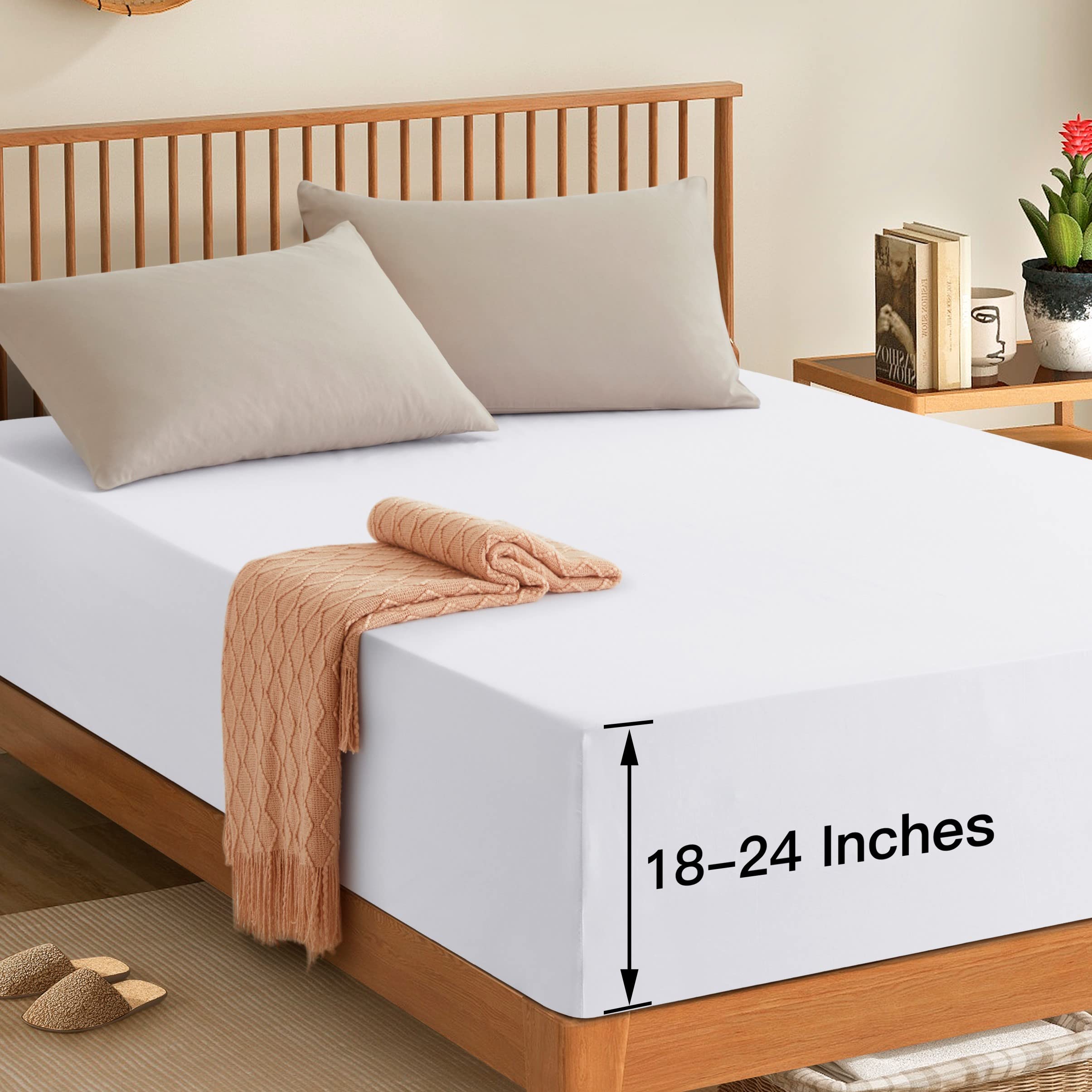 Manyshofu Queen Extra Deep Pocket Fitted Sheet Only - 1800 Thread Count Hotel Deep Fitted Sheet Up To 24 Inches Mattress, Pure W