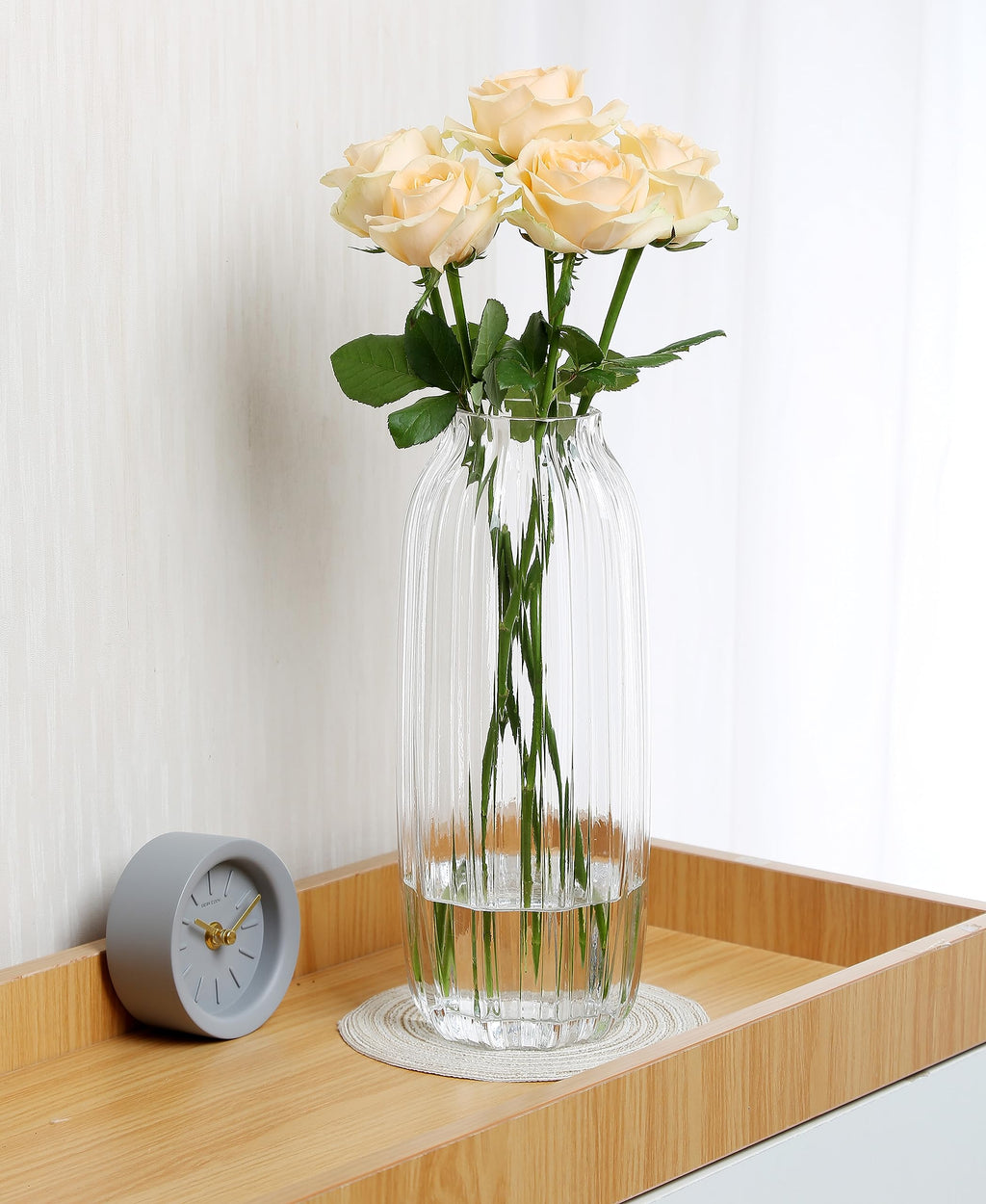 Large Clear Glass Vase For Flowers Bud Tall Glass Vases,H-12.6'' Simple Striped Design For Home Floor Decor,Farmhouse Decor, Cen