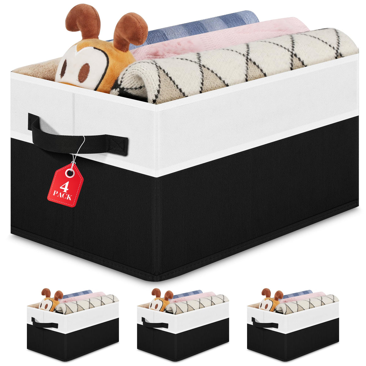 Wrrlors Large Shelf Storage Bins 4 Pack,Black Collapsible Baskets