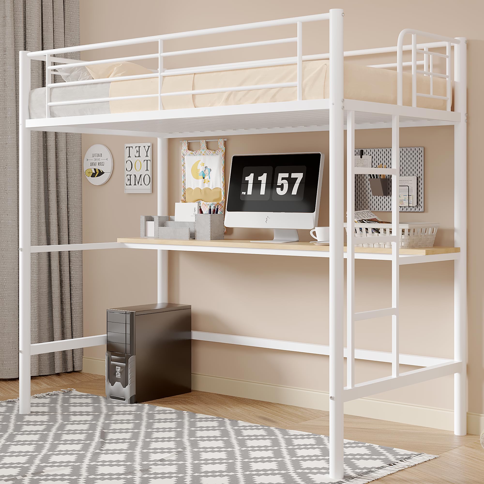 VECELO Loft Bed Twin Size with Desk, Metal Bedframe with Removable Ladder and Safety Guardrail, No Box Spring Needed, Space Savi