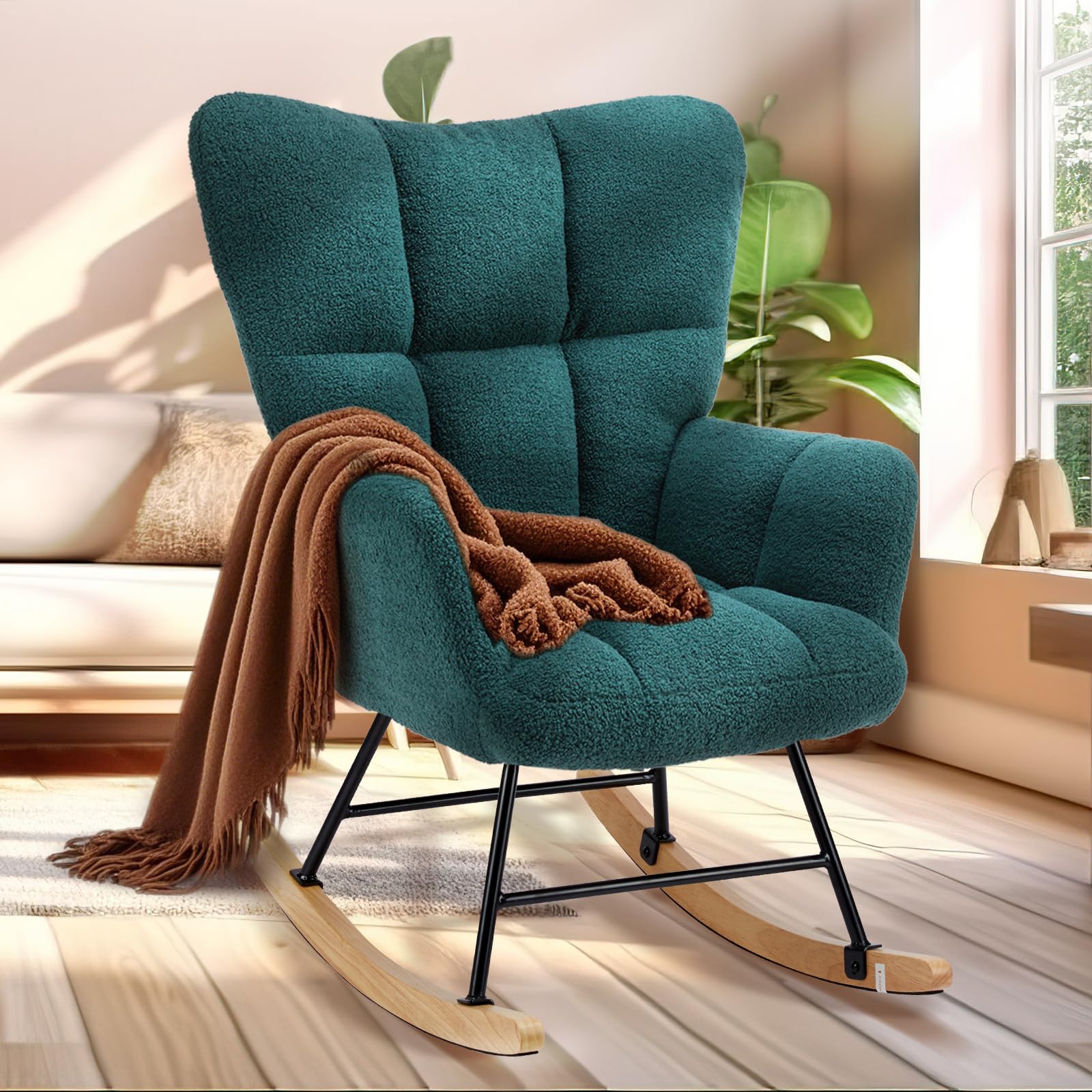 YSSOA Nursery Rocking Chairs, Teddy Upholstered Glider Recliner Rocking Chair with High Backrest Armchair, Comfy Reading Chair F