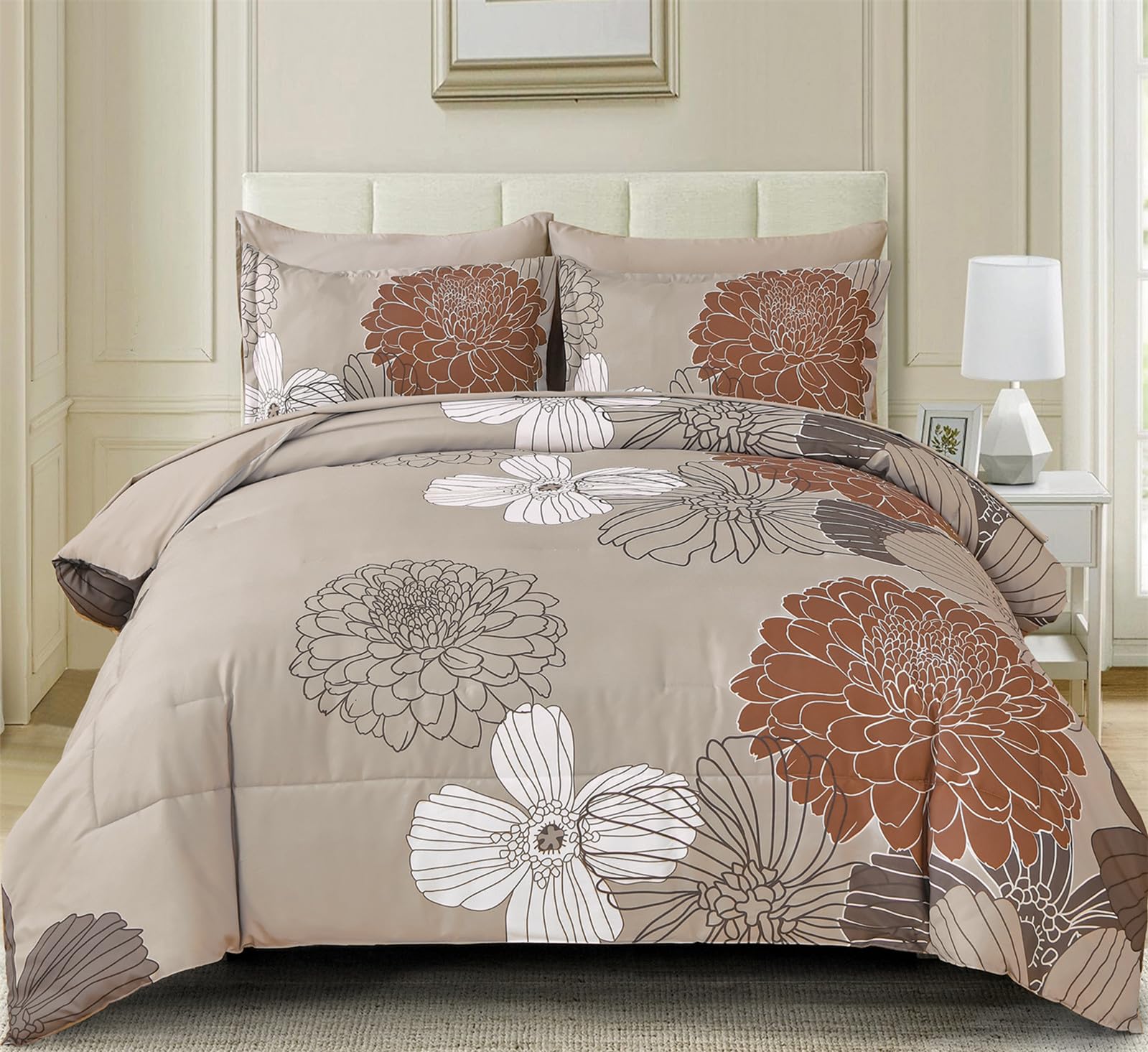 Yiran Floral Comforter Set King Size,7 Pieces Bed In A Bag Taupe Brown Comforter Soft Microfiber Bedding Sets 104'  90'