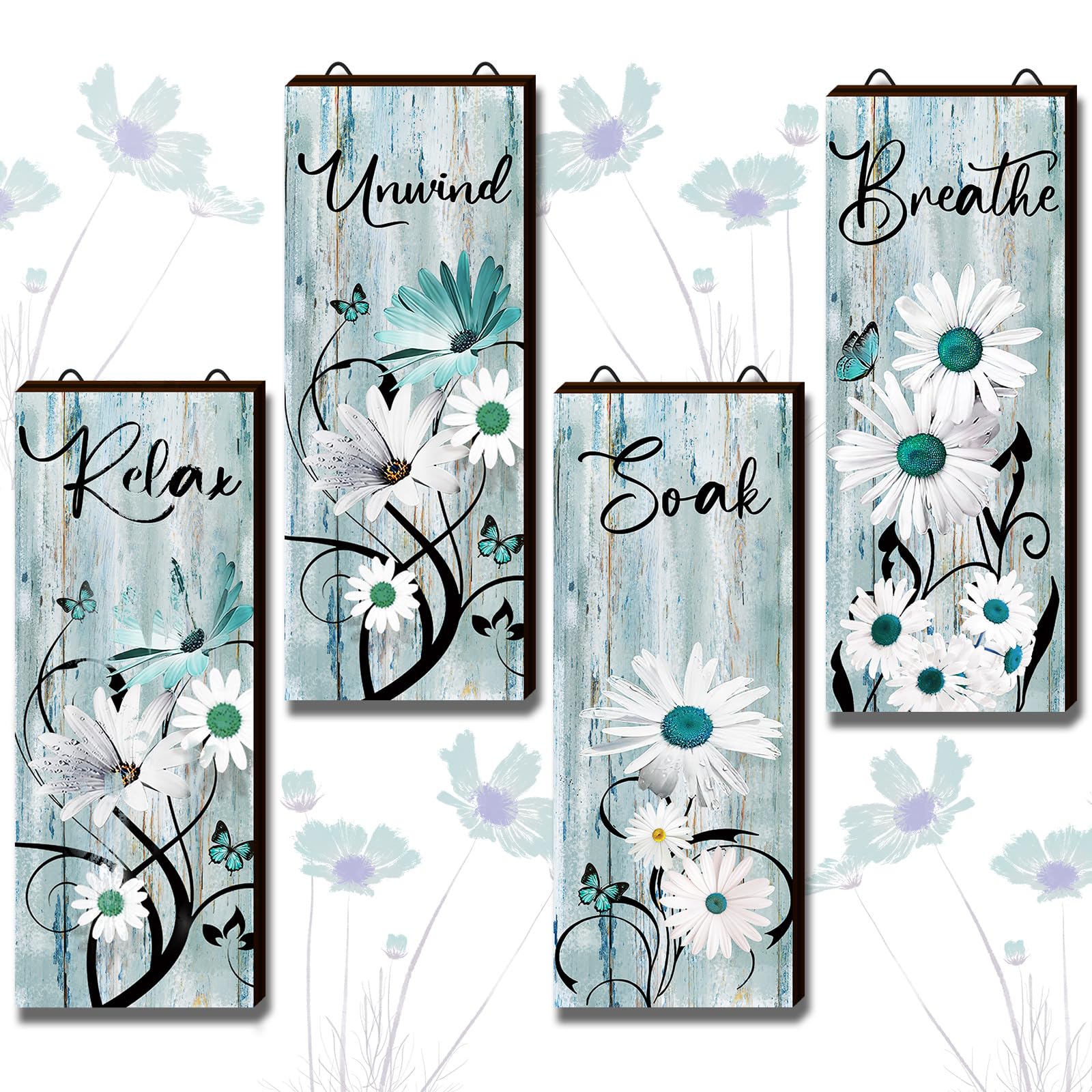 4 Pieces Teal Daisy Floral Bathroom Wood Wall Decor Teal Relax Soak Unwind Breathe Flower Wall Rustic Farm Sign Turquoise Blue D