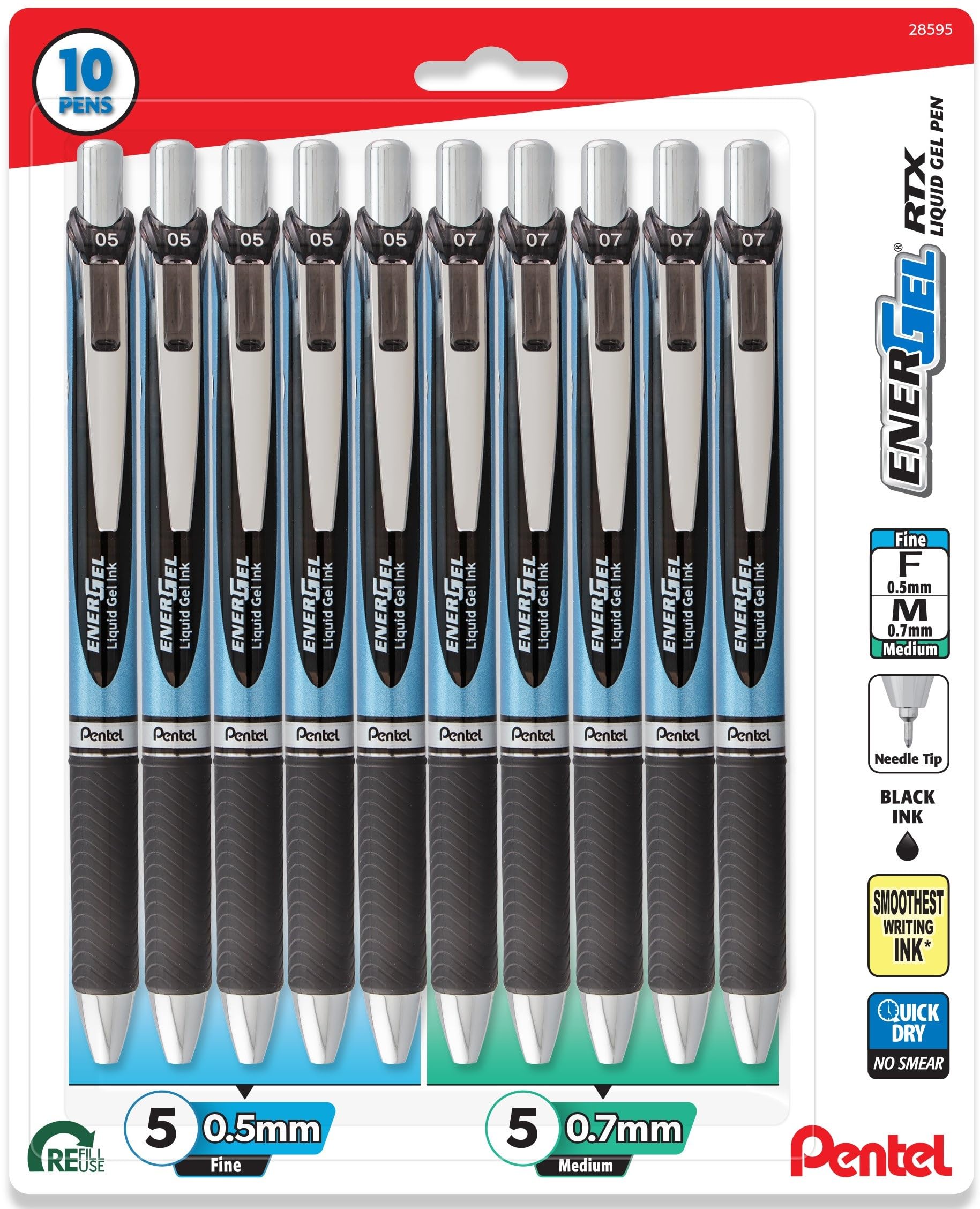 Pentel Energel Needle Tip Black Liquid Gel Ink Pens Variety Pack Of 10 (5 Energel 0.7 And 5 0.5 Mm Pens)