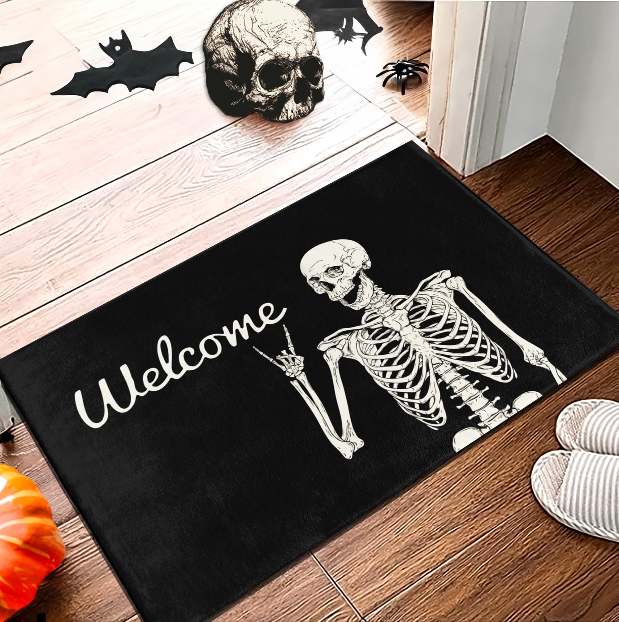 Paaoro Skull Doormat Funny Halloween Skull Welcome Door Mat,Living Room Kitchen Floor Mat Home Halloween Indoor Outdoor Decorati