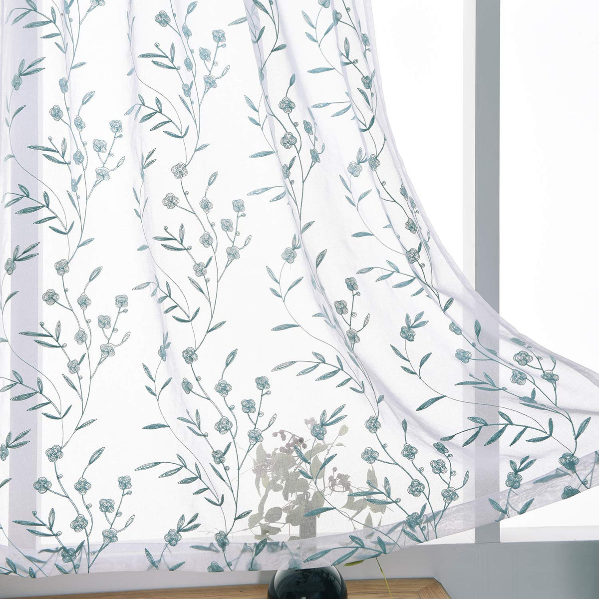 Blue Sheer Curtains Embroidery 63 Inch Length Rod Pocket Voile Drapes For Living Room, Bedroom, Window Treatments Semi Flower Pa