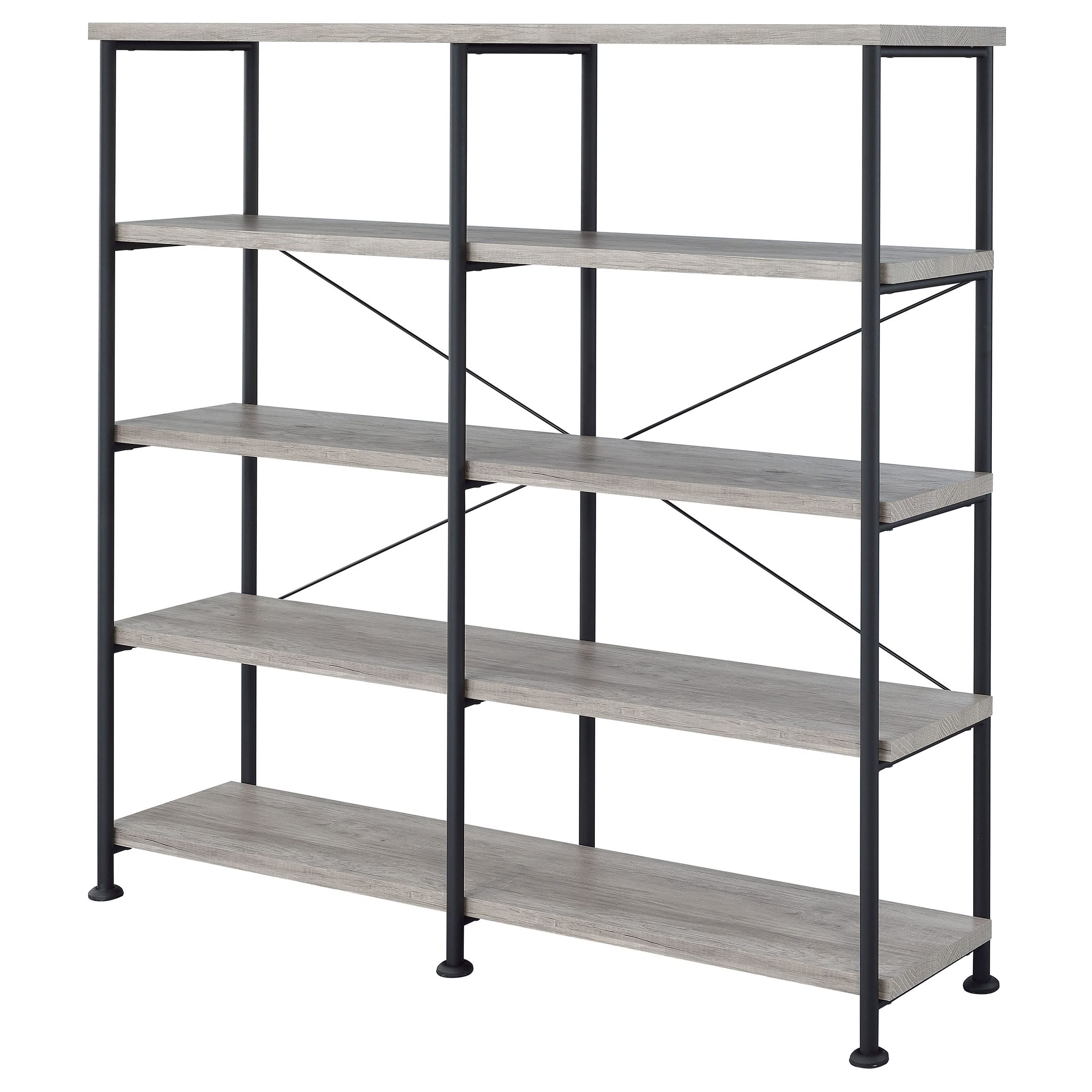 Coaster Home Furnishings Analiese Rustic Industrial 4-Tier Double Bookcase Etagere Bookshelf Office Storage Book Shelf Engineered Eco-Friendly Wood Laminate Sturdy Black Steel Grey Driftwood 801544