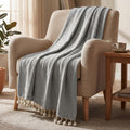 HOKIPO Dove Grey Knitted Cotton Sofa Throw 50x60 Inches with Decorative Pom Pom Tassels for Elegant Living Room Sofa Bed, Chairs